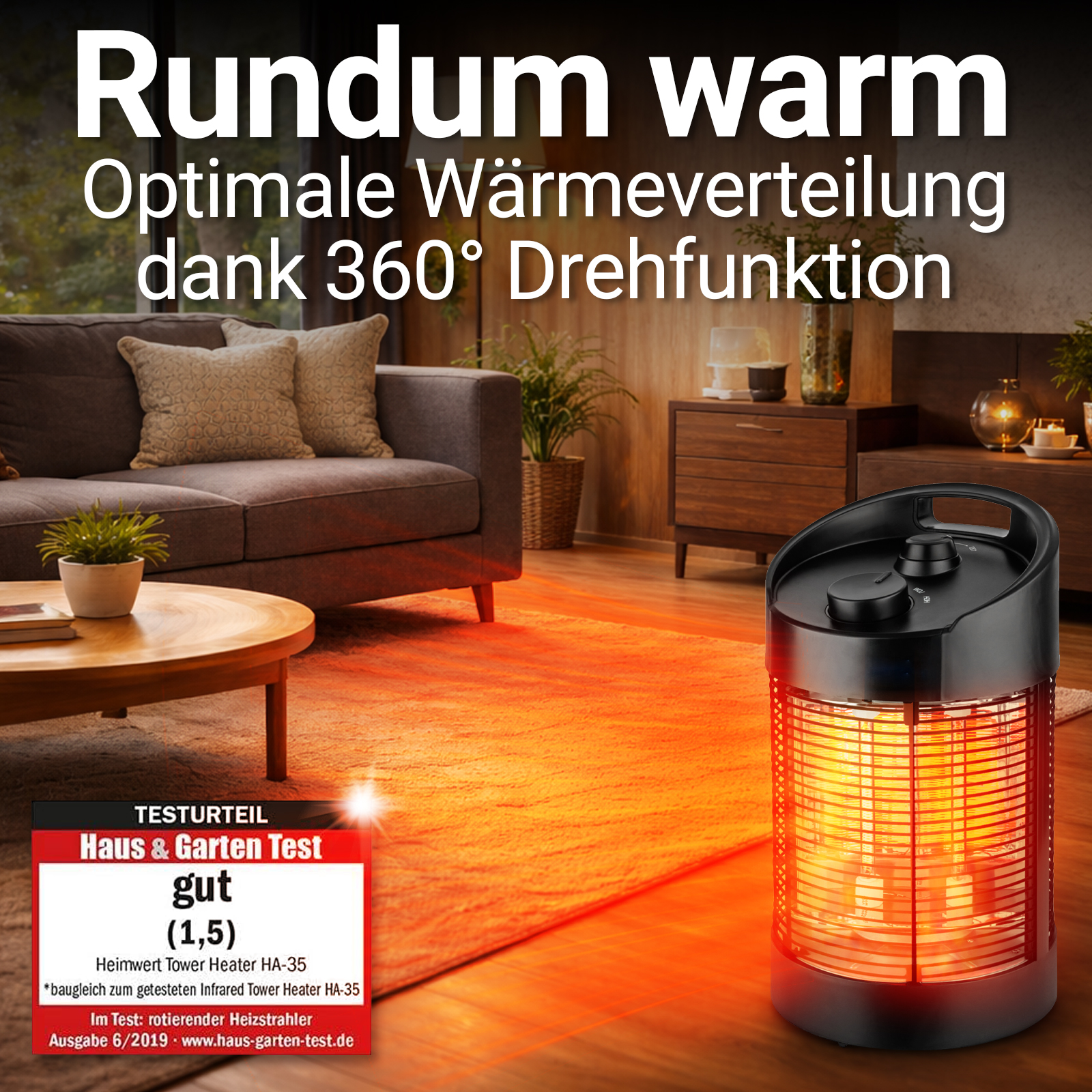 Ein Raum mit einem Heizgerät. Der Heizkörper ist schwarz mit orangefarbenem Innenraum. Sofa, Teppich und Tisch sind sichtbar.