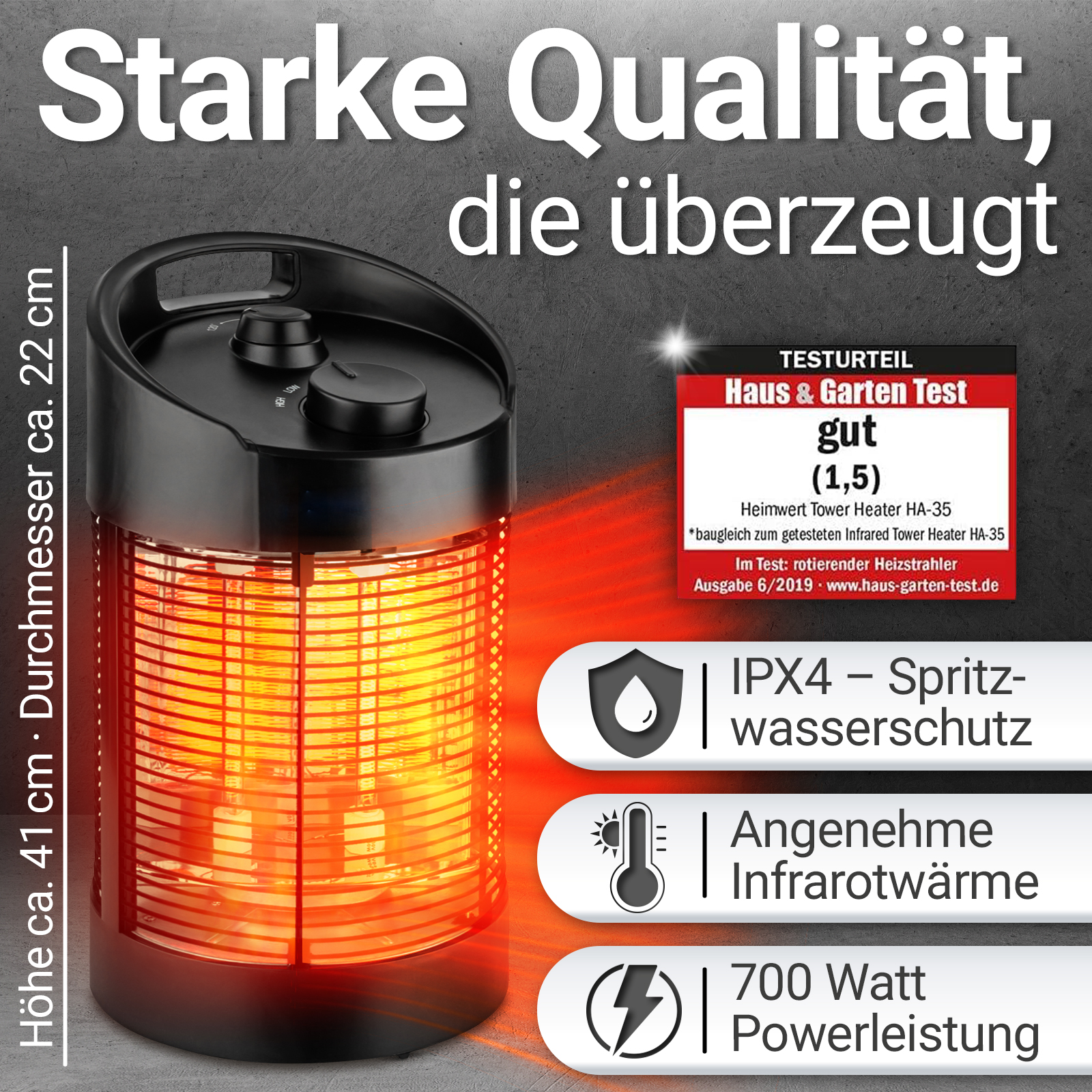 Ein schwarzer Turmheizer mit orangefarbenem Glühen, Text: Starke Qualität. Merkmale IPX4, Infrarotwärme und 700W Leistung. Abmessungen sind angegeben.