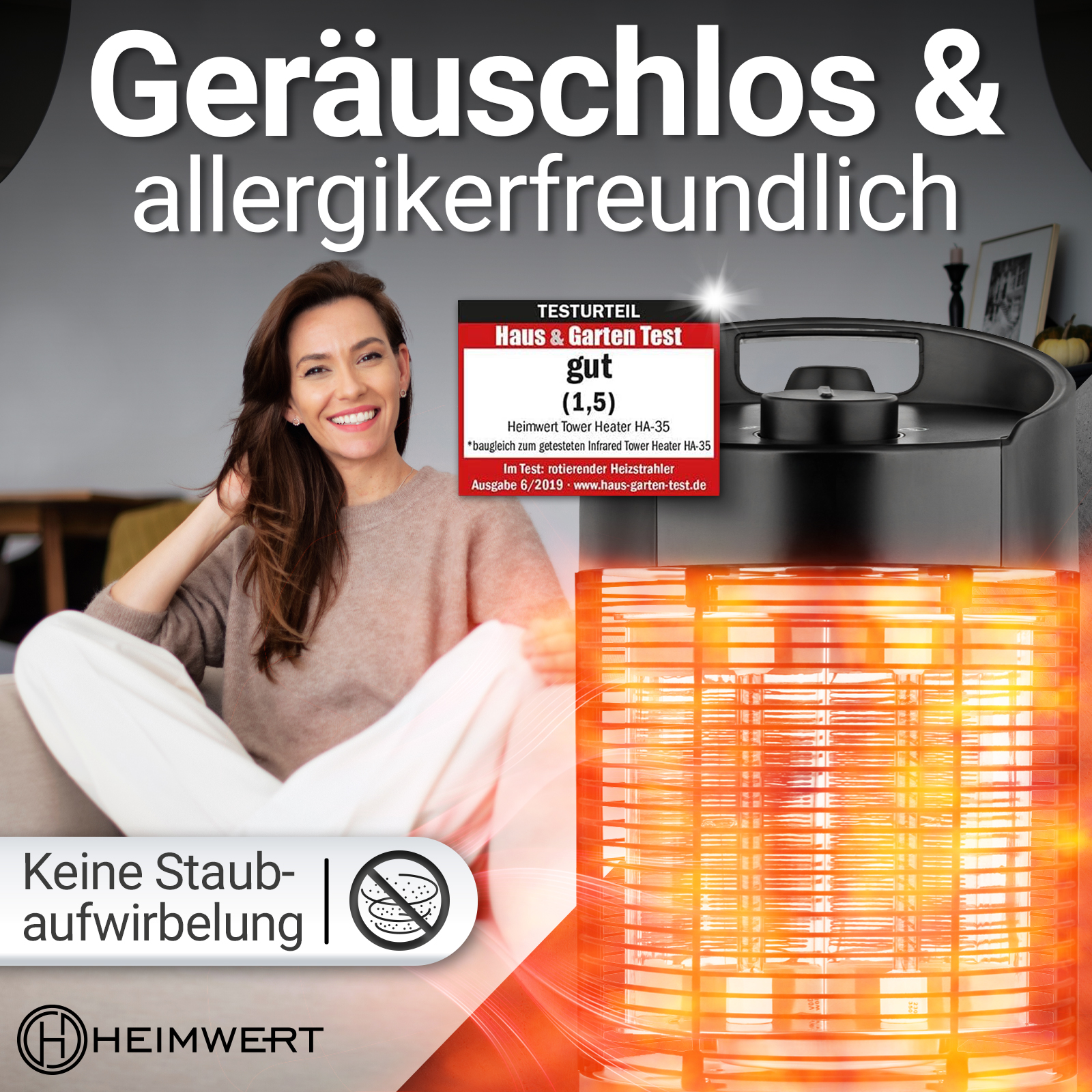Eine Frau lächelt neben einer Heizung. Text sagt 'allergikerfreundlich'. Ein Testergebnis wird gezeigt.