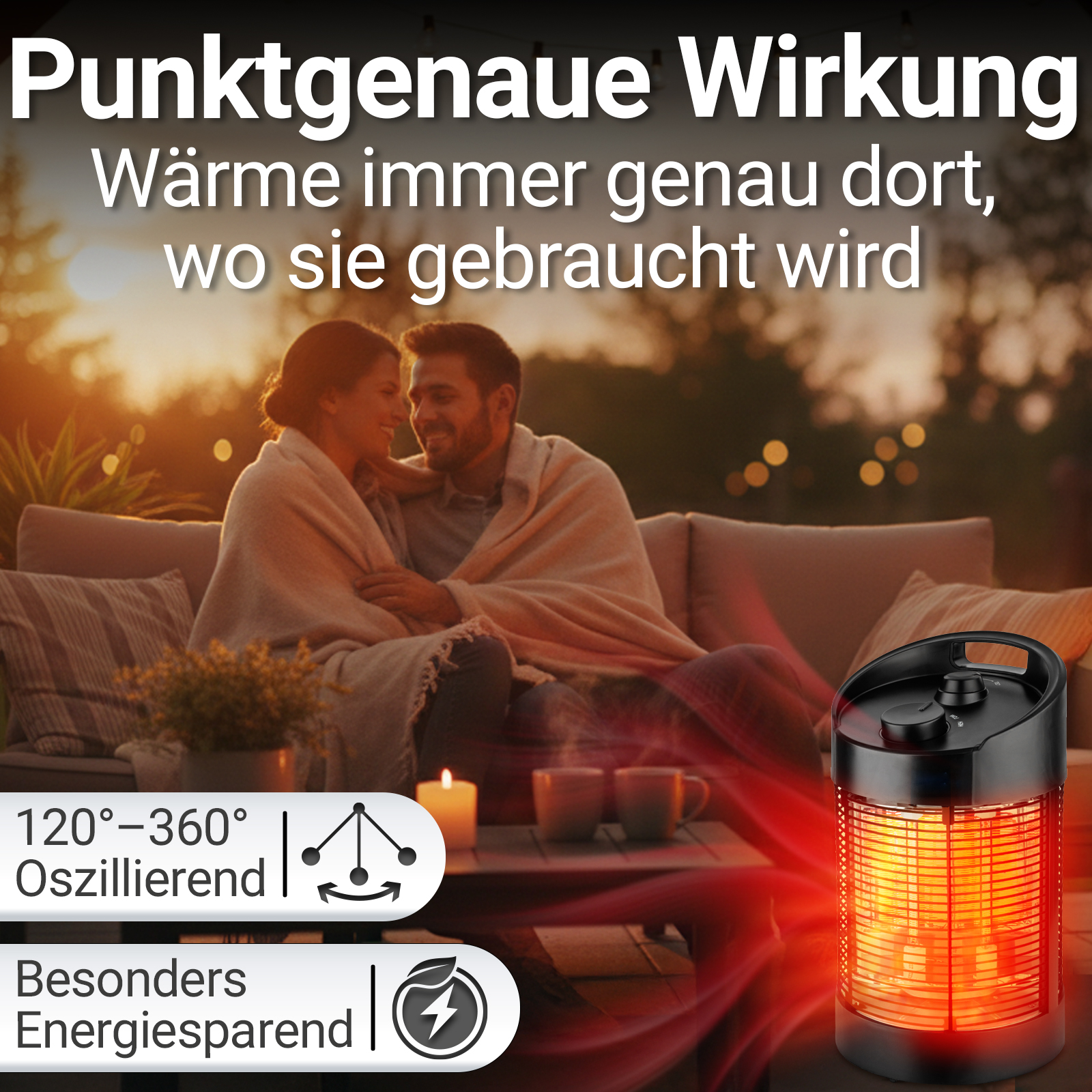 Ein Paar sitzt auf einer Couch, eine Heizung leuchtet rot. Text: 'Präzise Wirkung. Wärme immer dort, wo sie gebraucht wird.'