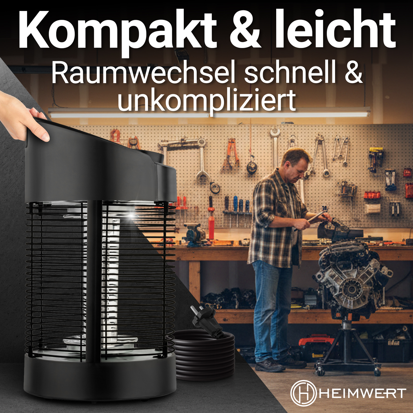 Ein Mann arbeitet in einer Werkstatt an einem Motor. Im Vordergrund steht eine schwarze Lampe, darüber Text.
