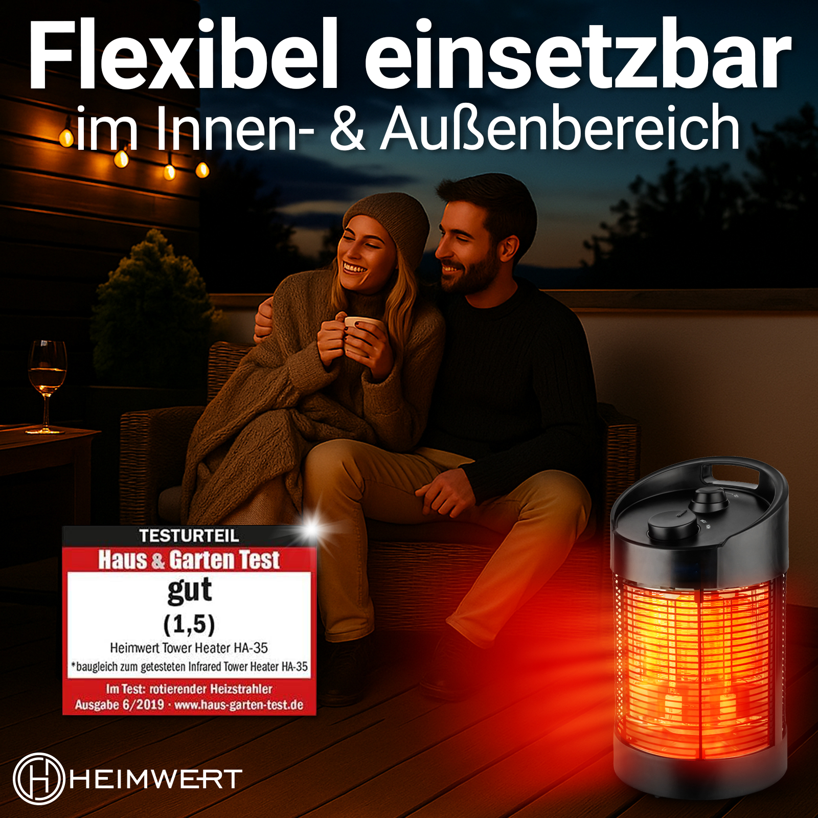 Paar sitzt draußen und lächelt. Ein Heizgerät leuchtet rot. Eine Testkarte ist sichtbar. Text oben: Flexibel einsetzbar.