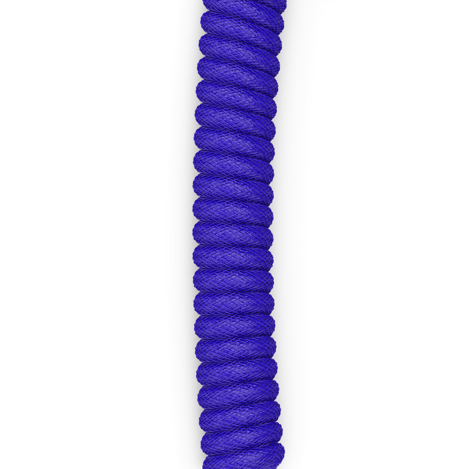 Immagine verticale con spessa corda blu attorcigliata su sfondo bianco. La corda è centrata, con texture visibile.