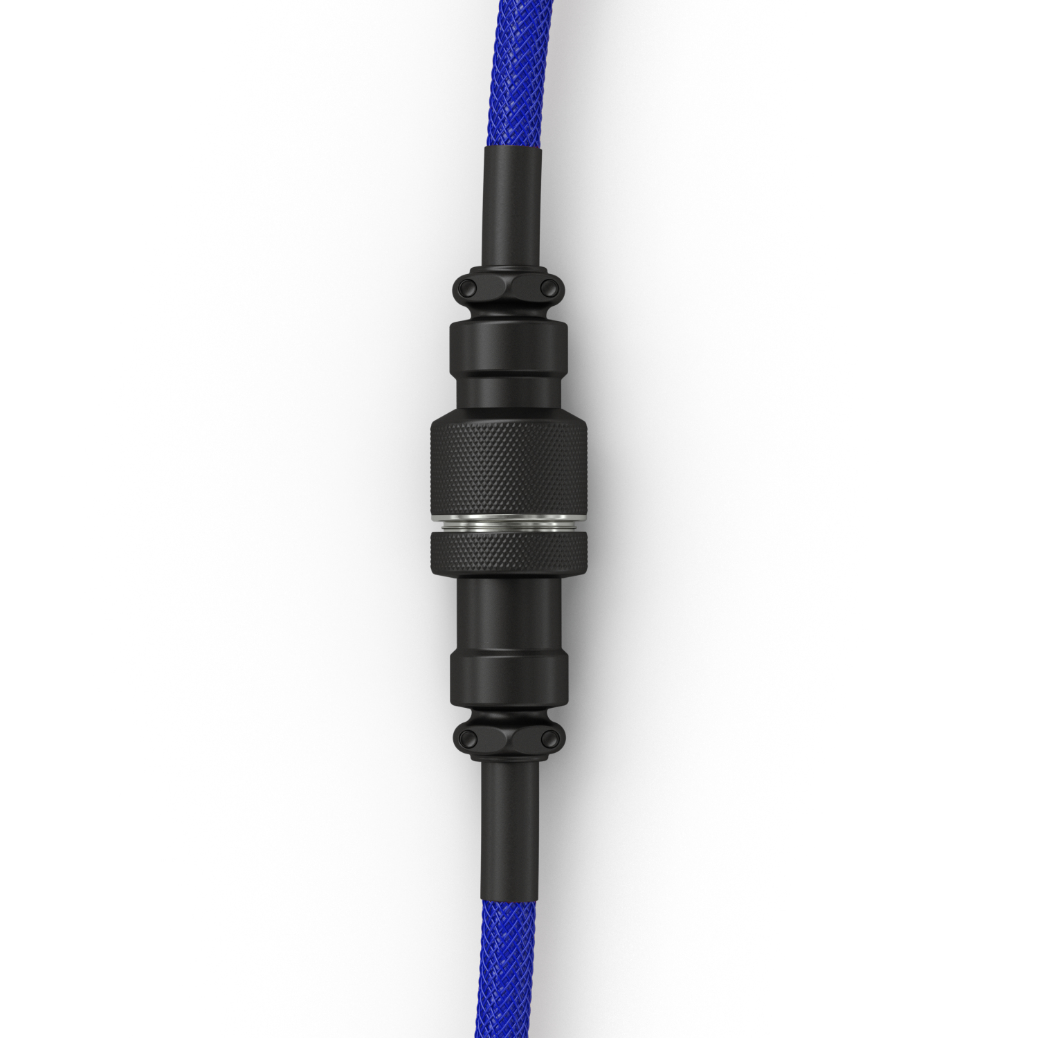Primo piano di un connettore per cavi nero con estremità di cavo intrecciate blu su sfondo bianco.