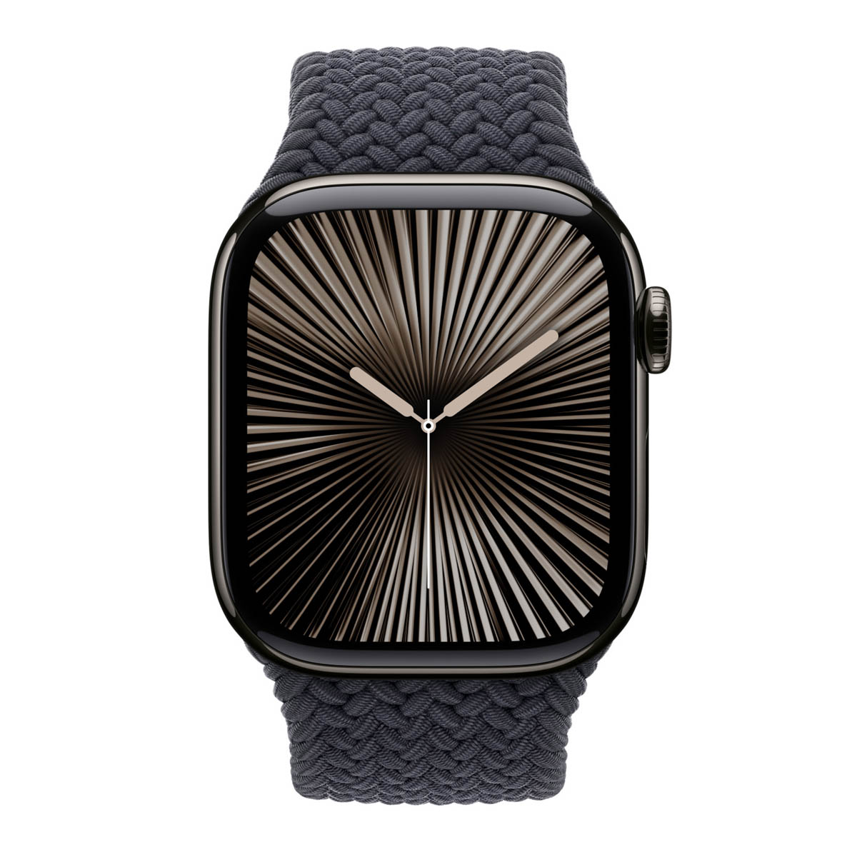 Primo piano di un Apple Watch grigio scuro con cinturino strutturato, il quadrante mostra linee radiali.