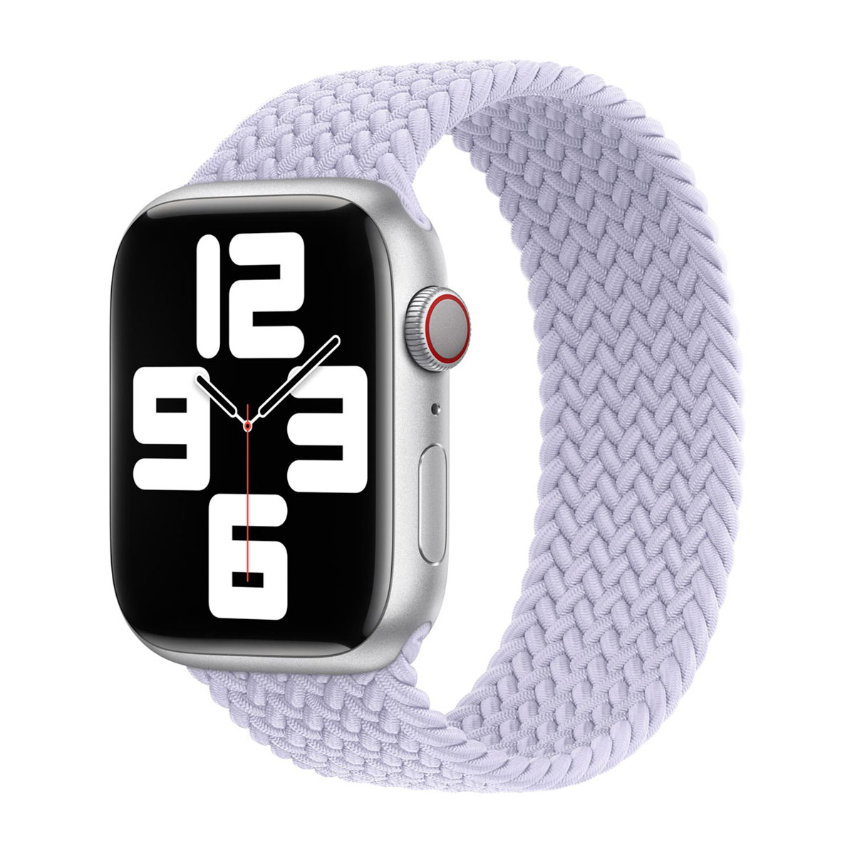 Zilveren Apple Watch met een lichtpaarse gevlochten band. De wijzerplaat toont de tijd. De achtergrond is wit.