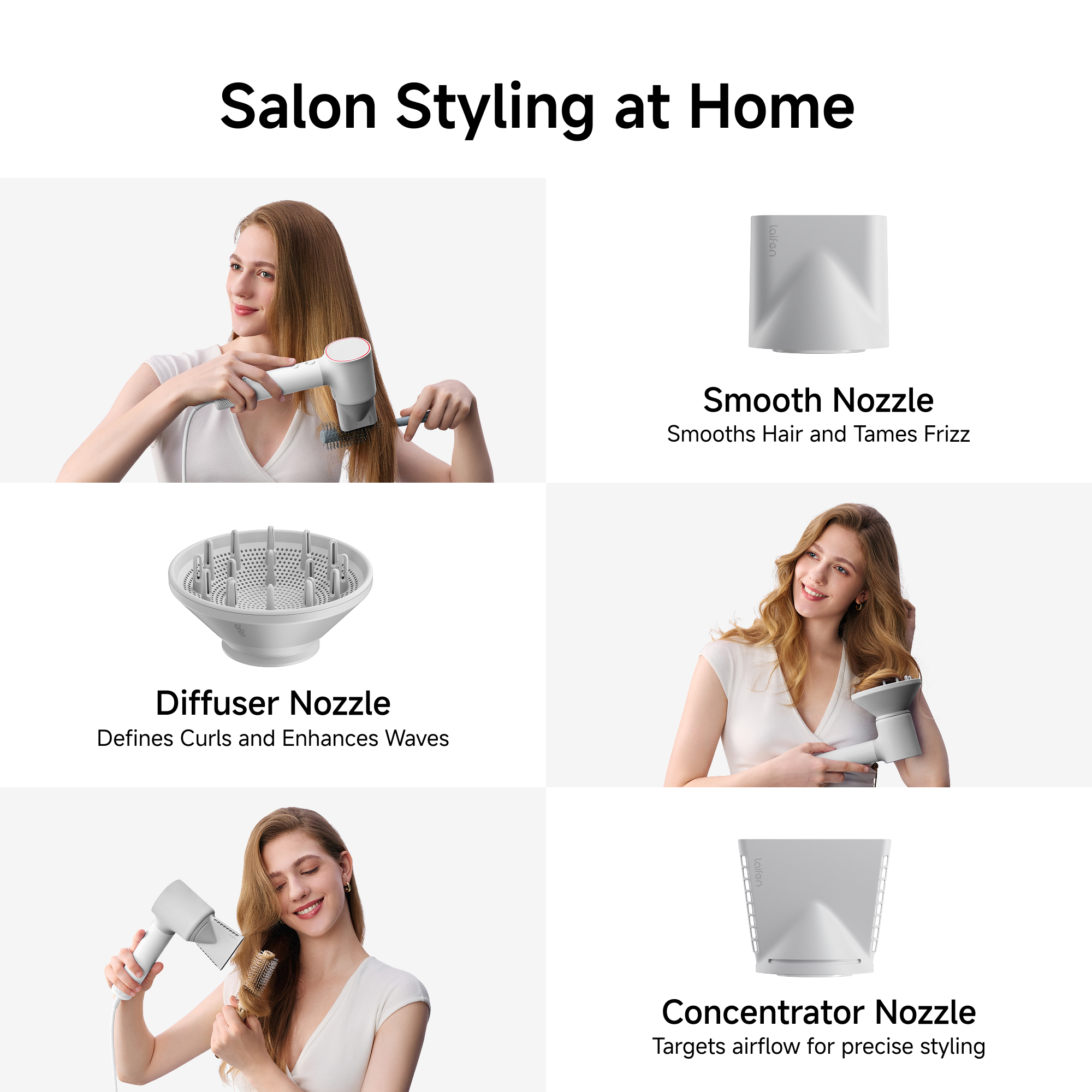 Das Bild zeigt Haarstyling-Tools und Frauen. Der Text lautet: "Salon-Styling zu Hause". Beinhaltet Diffusor-, glatte und Konzentratordüsen.