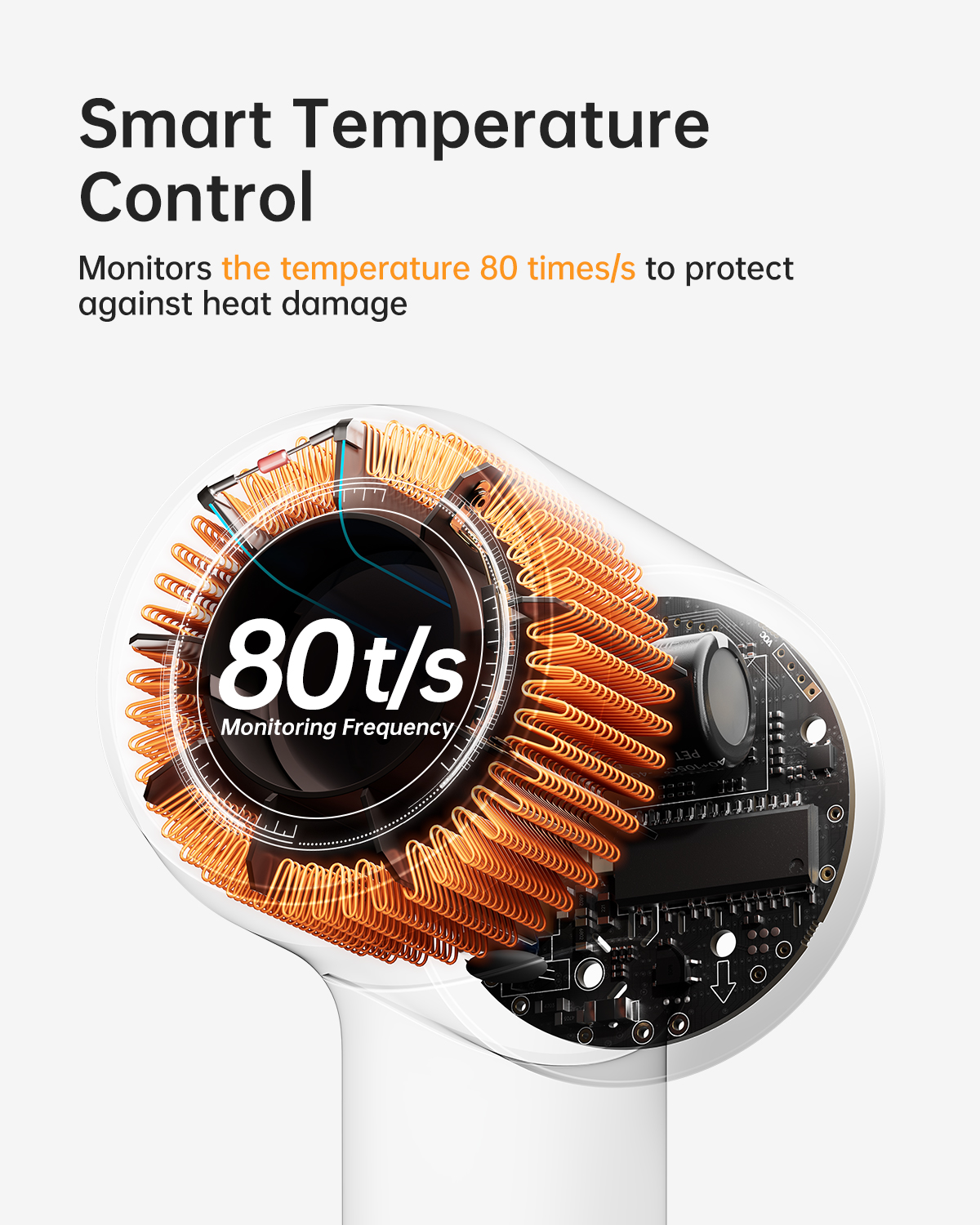 Görüntü iç bileşenleri gösterir. Bakır bobinlerle çevrili dairesel bir öğe '80t/s' gösterir. Metin 'Smart Temperature Control' diyor.