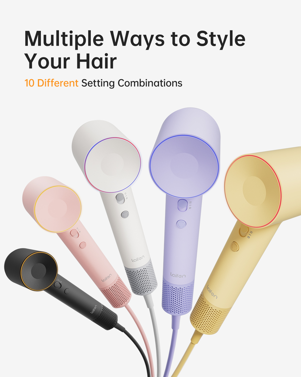 Her biri farklı renkte beş renkli saç kurutma makinesi. Üstte beyaz metin 'Multiple Ways to Style Your Hair'.
