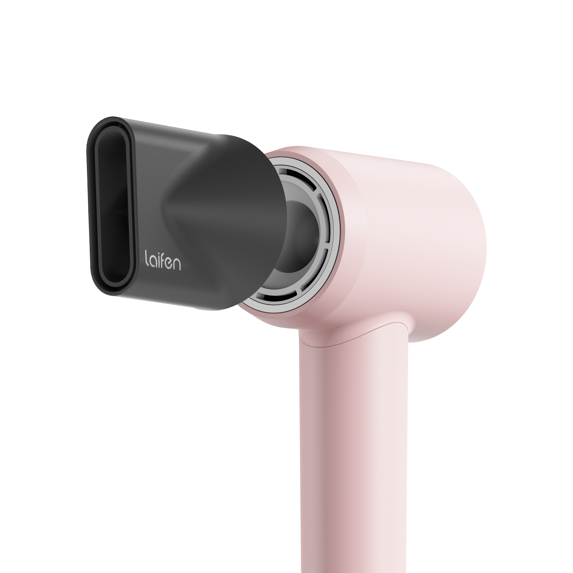 Ein rosa Haartrockner mit schwarzer Düse. Der Markenname 'laifen' ist sichtbar. Der Hintergrund ist weiß und grau.