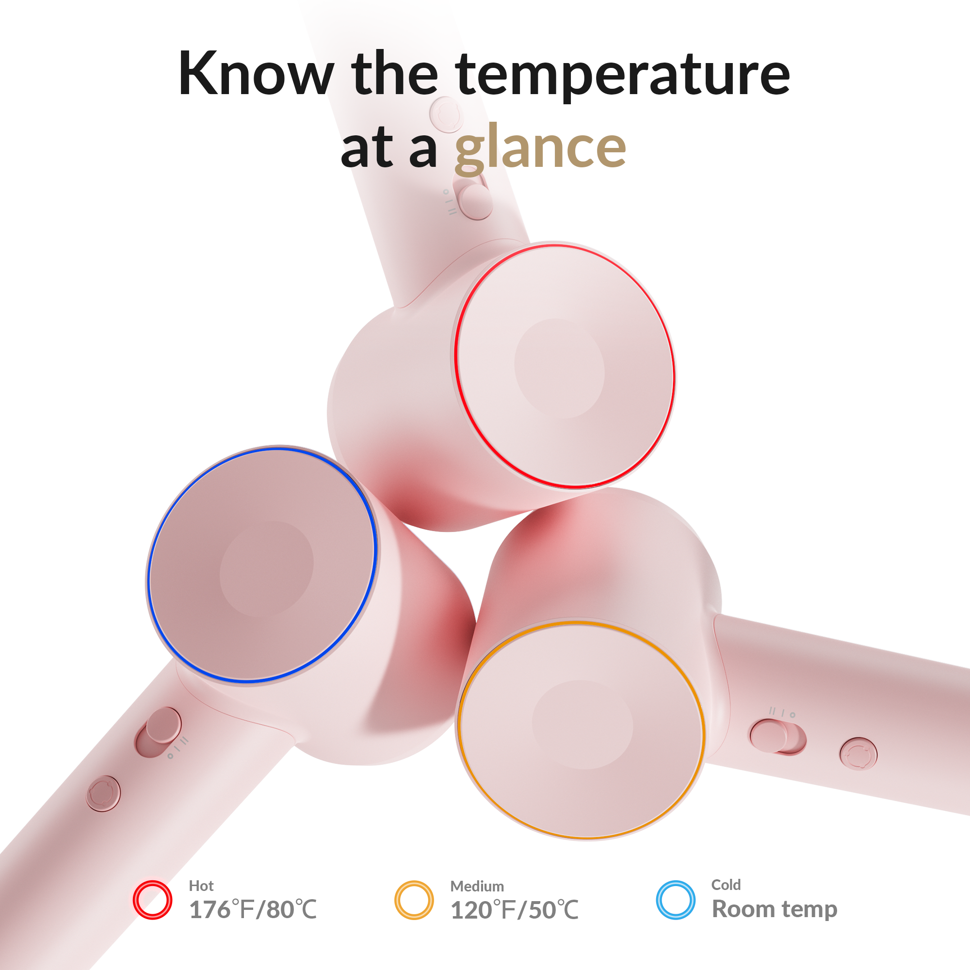 Drei pinke Geräte mit Temperaturanzeigen: heiß (rot), mittel (gelb) und kalt (blau). Text: 'Kennen Sie die Temperatur auf einen Blick'.
