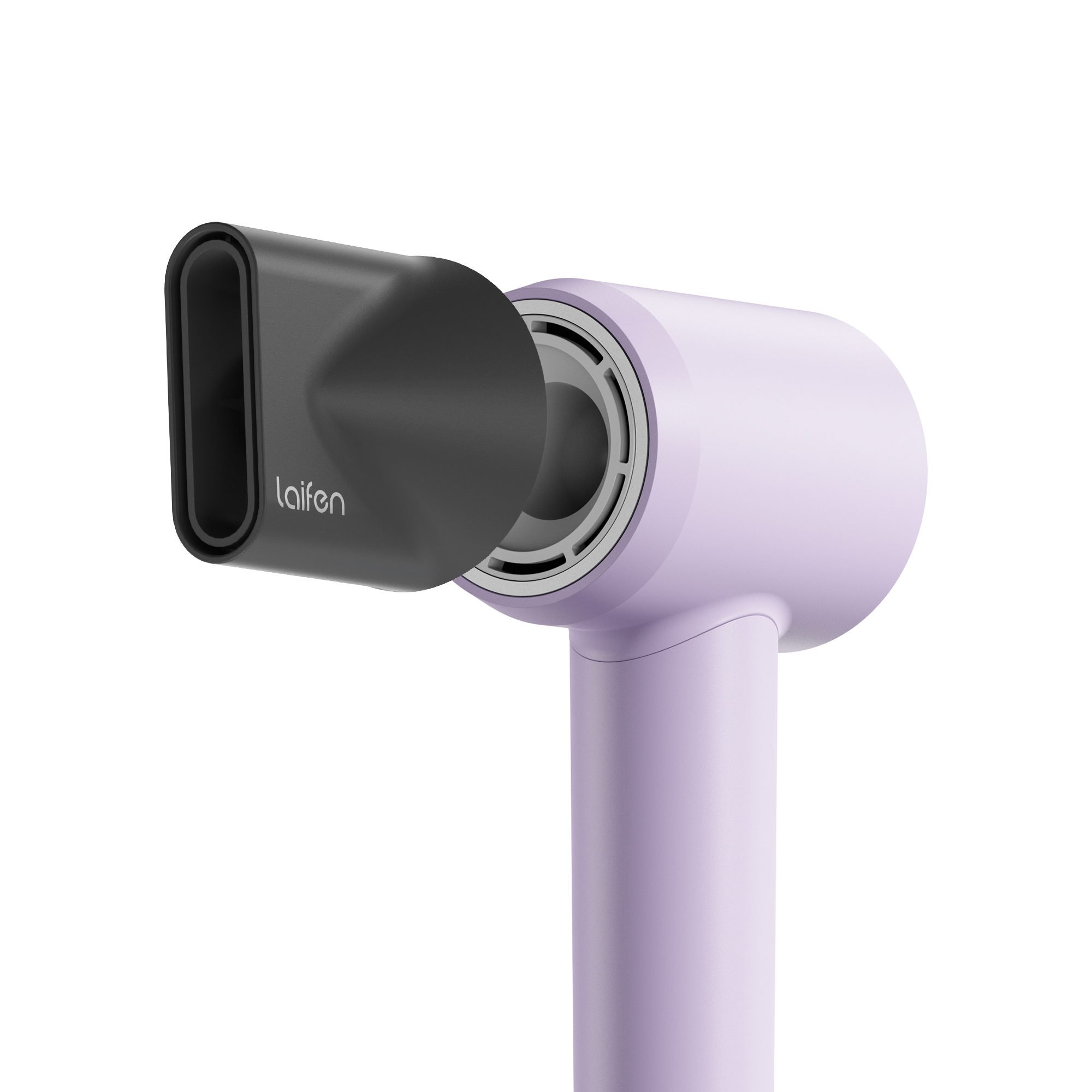 Un sèche-cheveux Laifen violet et noir. La buse est noire et le corps violet. Le fond est noir et gris.