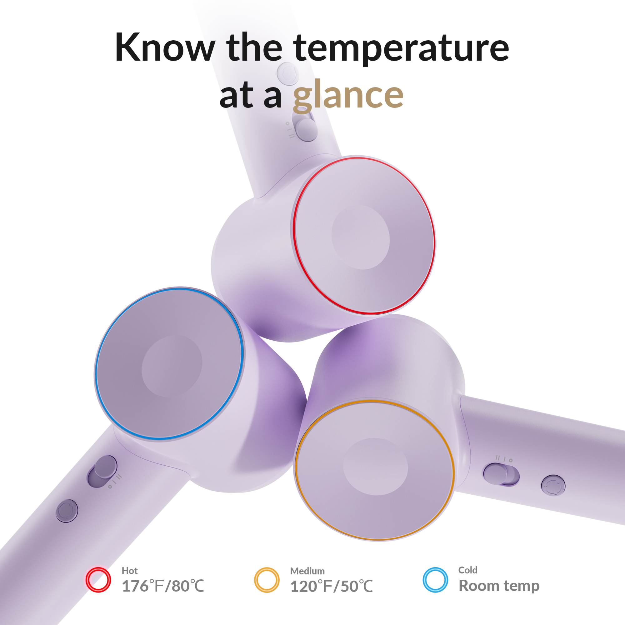 L'image montre trois sèche-cheveux avec différents réglages de température : chaud (rouge), moyen (orange) et froid (bleu). Le texte dit 'Connaissez la température'.