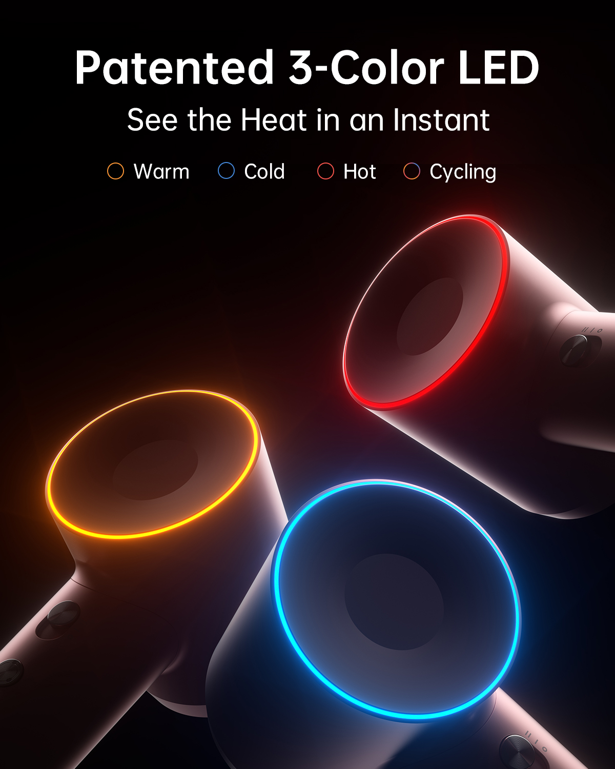 Drei Haartrockner mit farbigen LED-Ringen: orange, blau und rot. Text: 'Patentierte 3-Farben-LED' und 'Sehen Sie die Hitze sofort'.