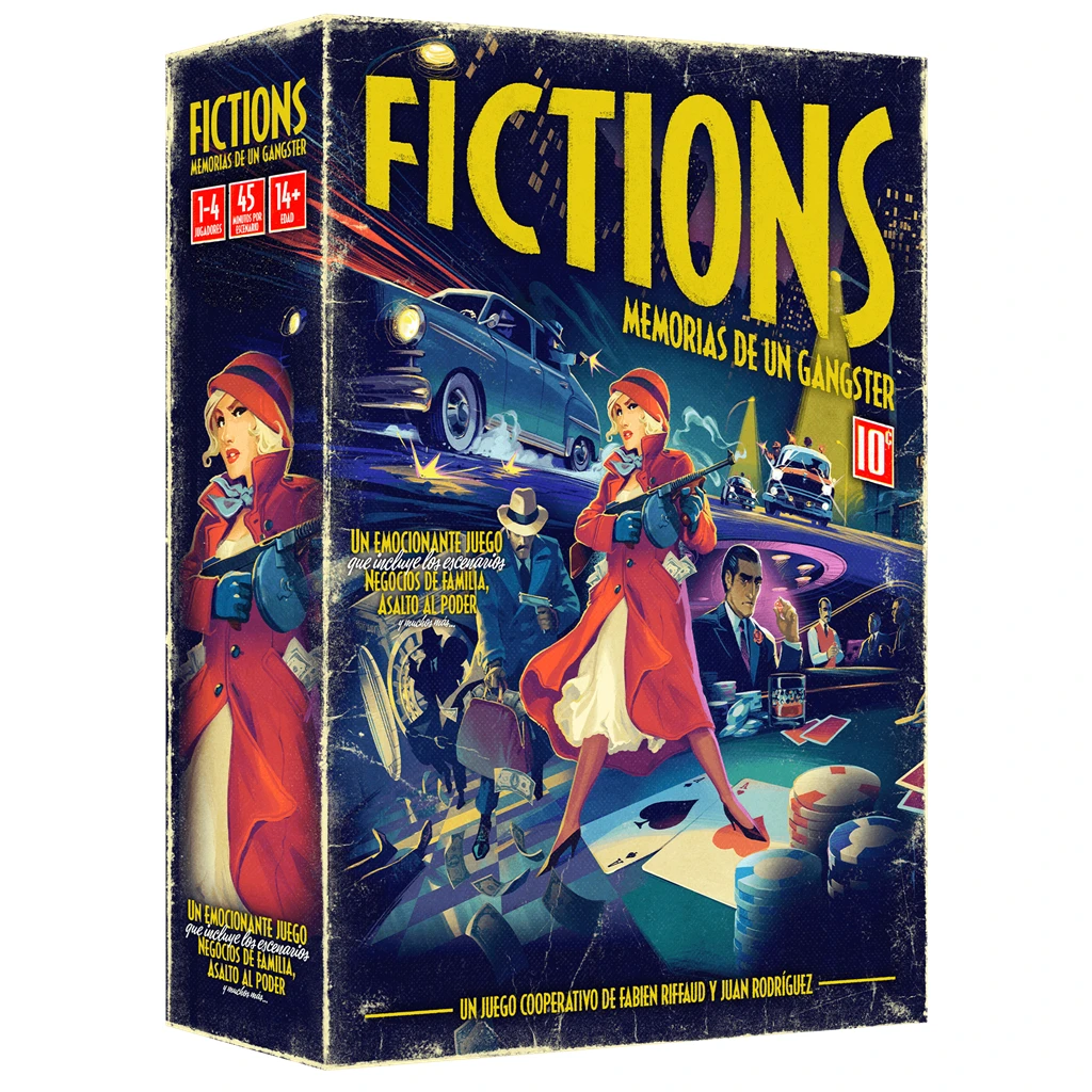 Grafika pudełka dla "Fictions: Memoirs of a Gangster". Kobieta w czerwonym płaszczu trzyma broń maszynową. Obecne są samochody, kasyno i inne postacie.