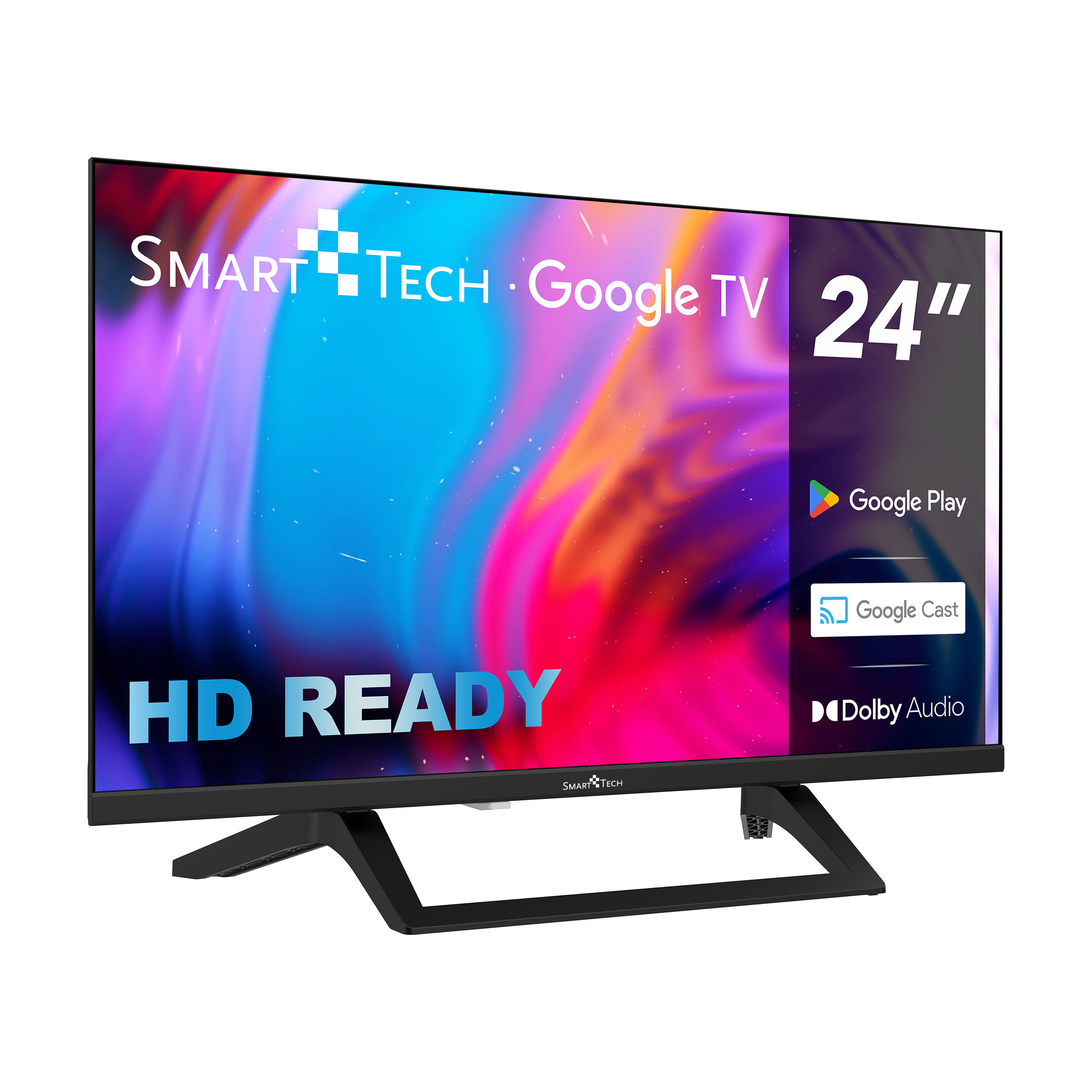Un Smart Tech Google TV de 24 pulgadas. Tiene logotipos HD READY, Google Play y Google Cast. La pantalla muestra imágenes coloridas.