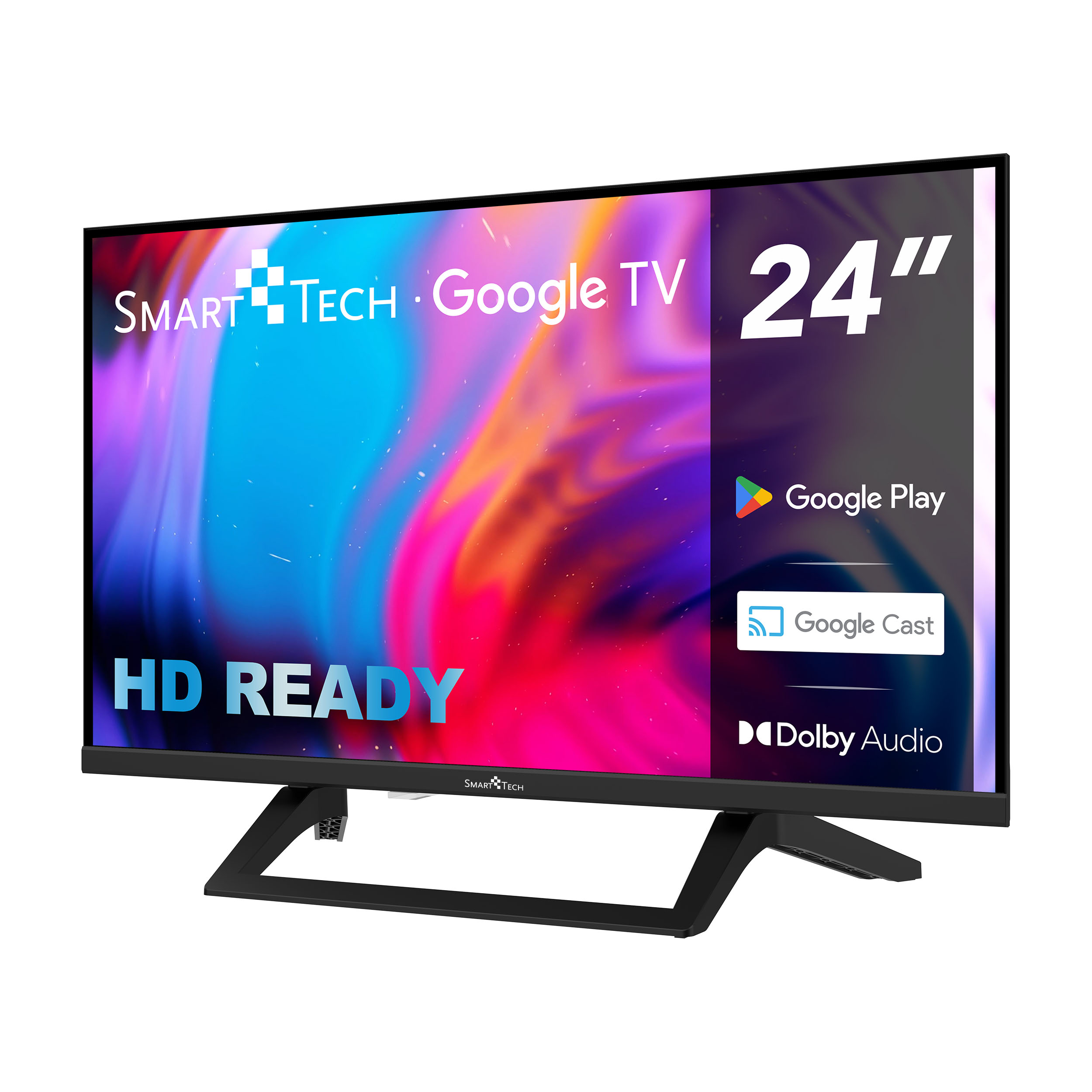 Un Smart Tech Google TV de 24 pulgadas. Tiene logotipos HD READY, Google Play y Dolby Audio. Soporte negro y pantalla colorida.