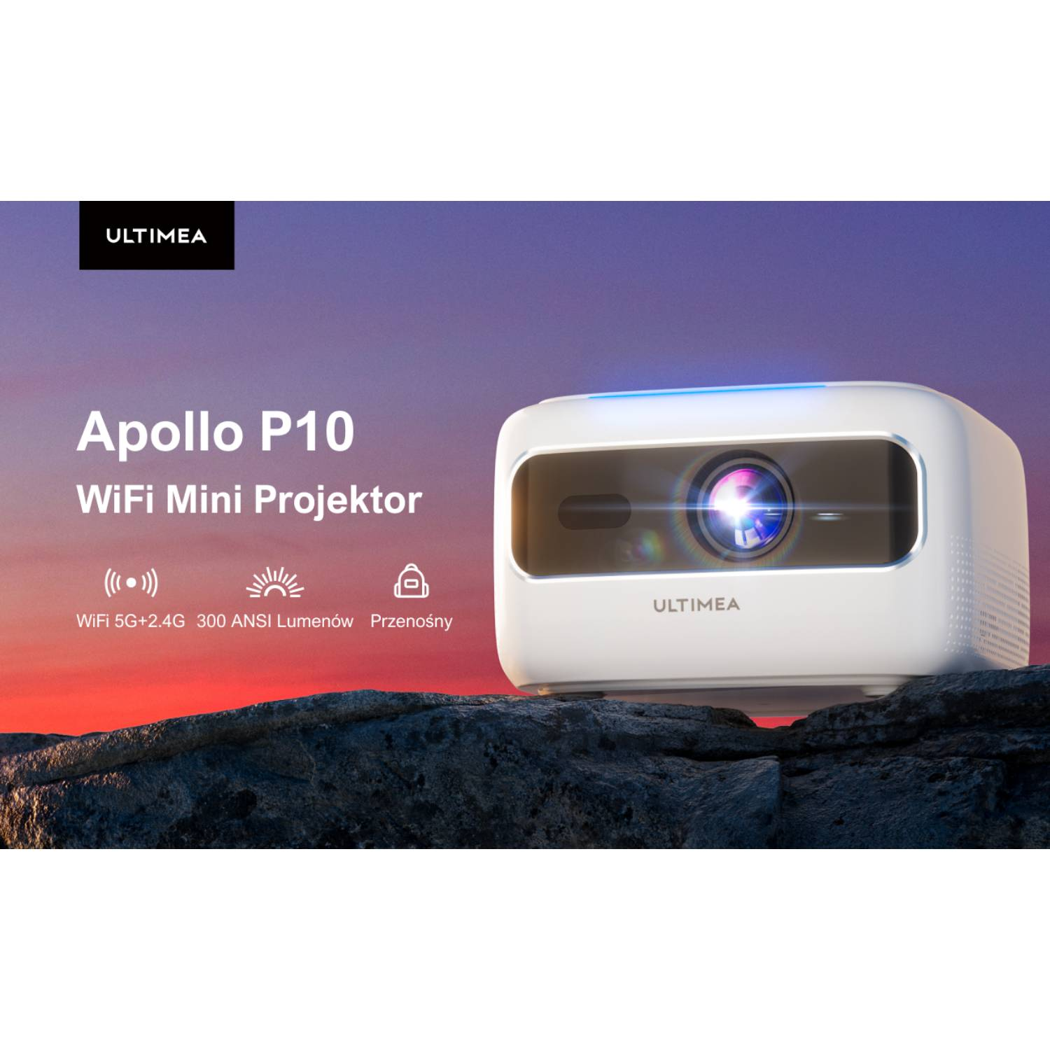 Biały mini projektor WiFi Ultimea Apollo P10 z tekstem i ikonami. Na tle gradientu czerwieni i fioletu.