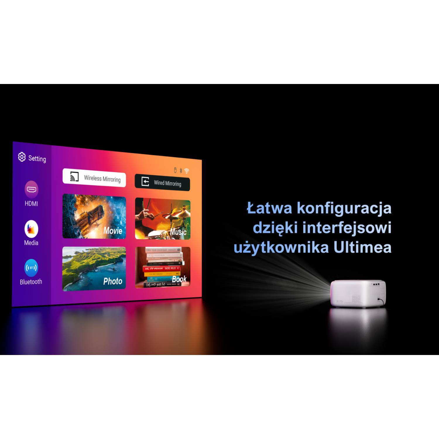 Projektor wyświetla menu z opcjami klonowania bezprzewodowego, filmu, zdjęcia i muzyki na ciemnym tle.