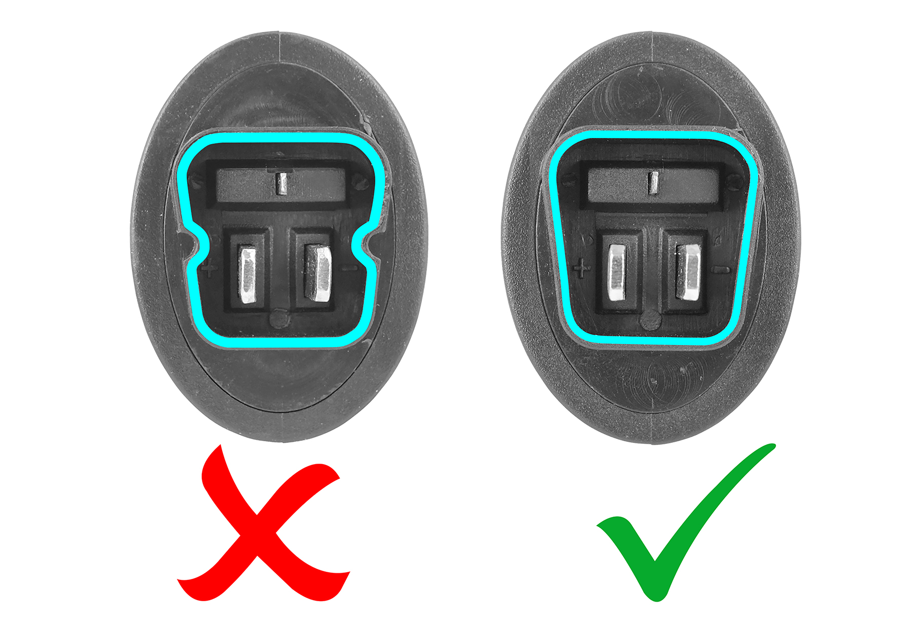 Zwei schwarze elektrische Steckverbinder mit blauen Umrissen. Ein rotes X neben dem linken. Ein grünes Häkchen neben dem rechten.