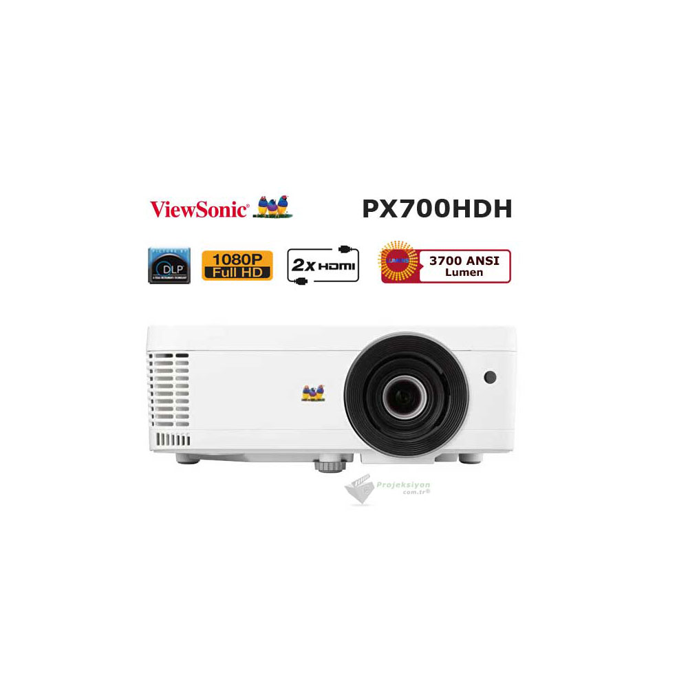 Beyaz bir ViewSonic PX700H ekran projektörü. 1080p, HDMI ve 3700 ANSI Lümen dahil olmak üzere çoklu logoları var.