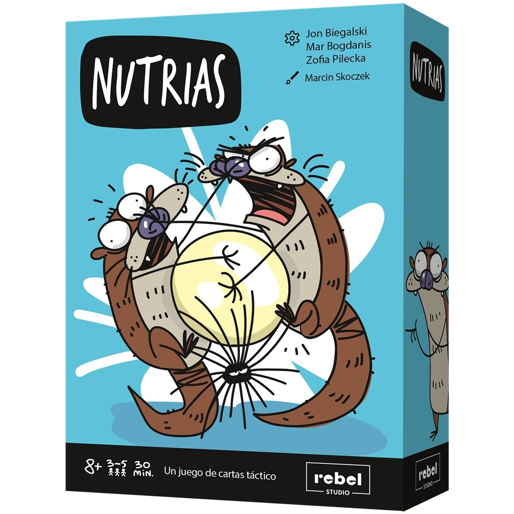 La caja del juego presenta nutrias, una bombilla y el título 'Nutrias'. Tiene un fondo azul y el logotipo de Rebel Studio.