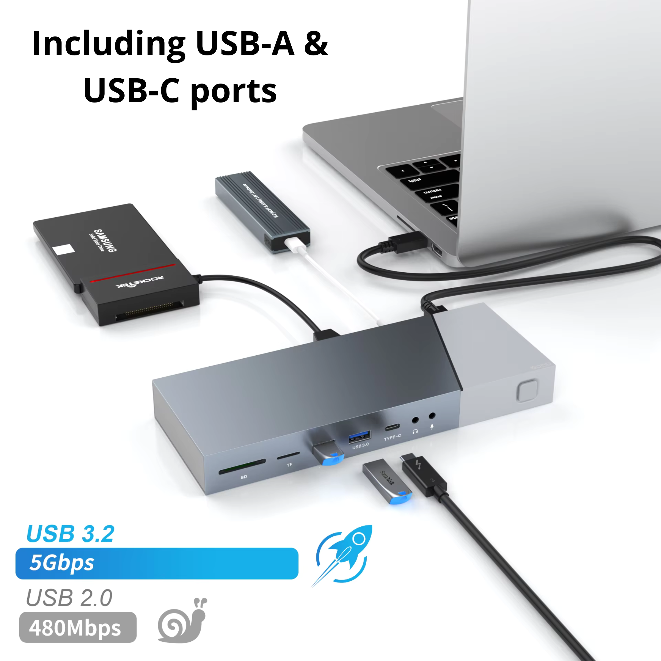 A laptop connected to a docking station with multiple ports, including USB-A and USB-C. Various connected devices are visible.