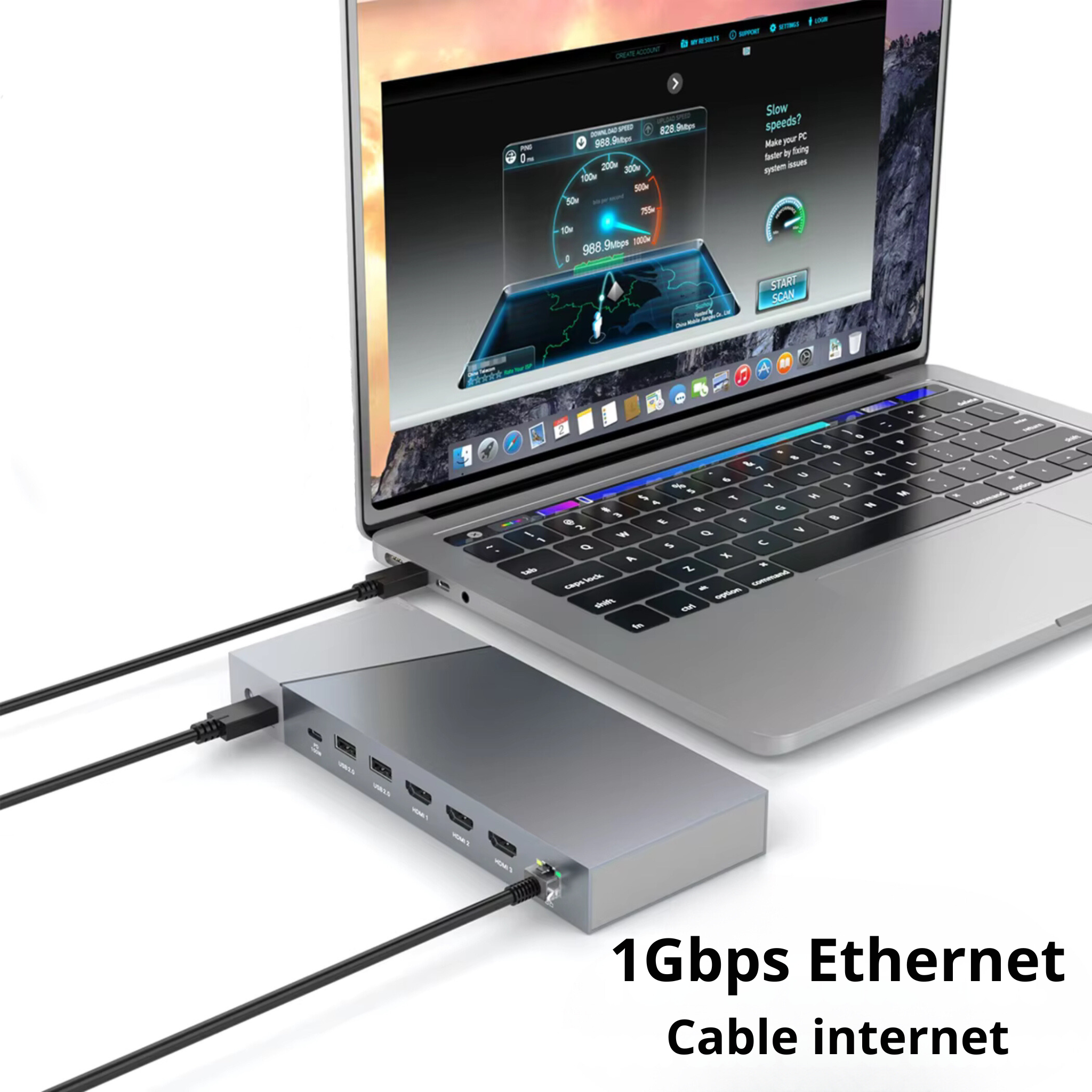 Laptop connected to a gray hub. The laptop screen displays a network speed test. Cables connect the hub.