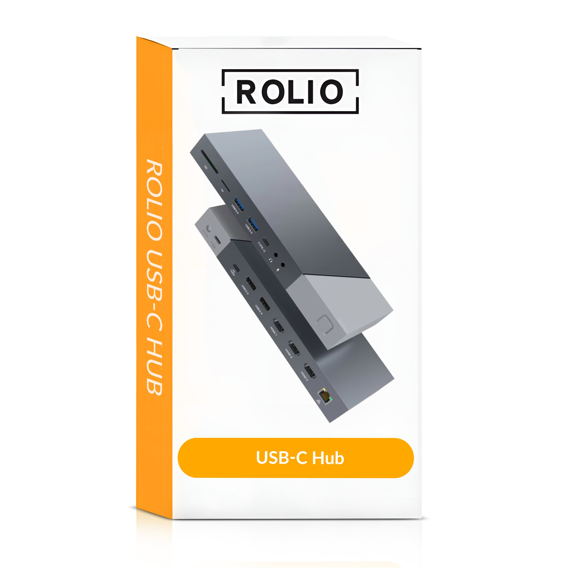 A white box with a USB-C hub is displayed. The hub is gray. The box has orange accents and branding.