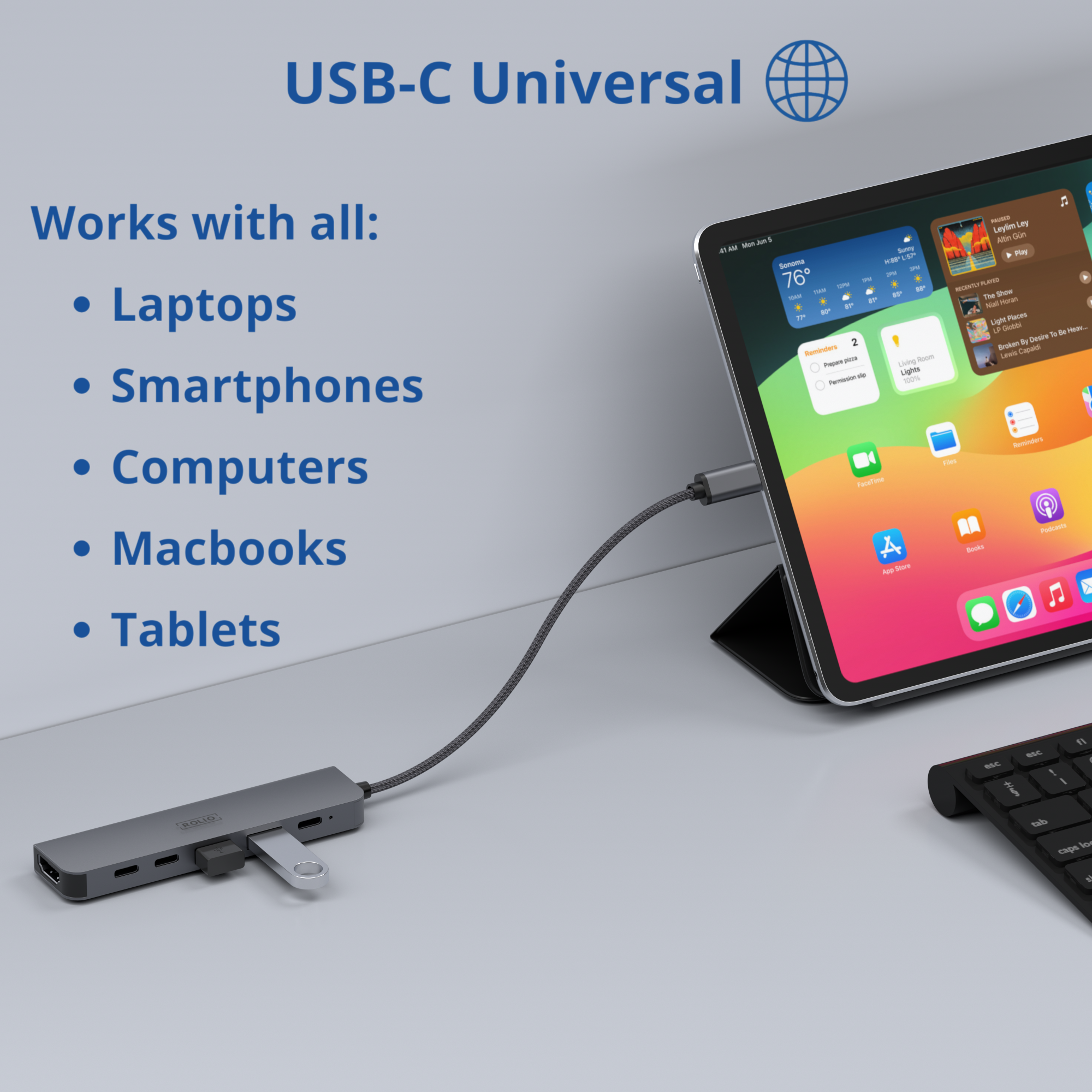 A tablet connected to a hub, with a keyboard. Text reads: USB-C Universal, Works with Laptops, Smartphones, Computers, Macbooks, Tablets.