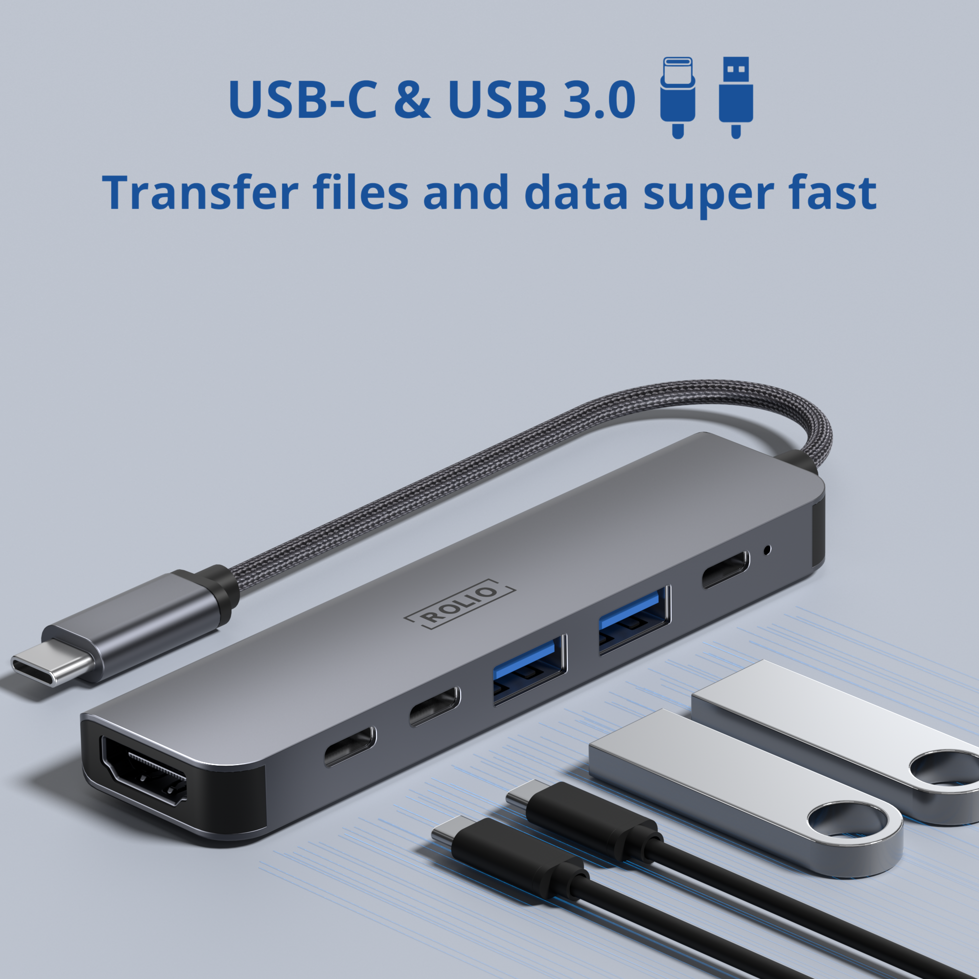 A gray USB hub with cables and flash drives. Text reads USB-C & USB 3.0. Transfer files and data super fast.