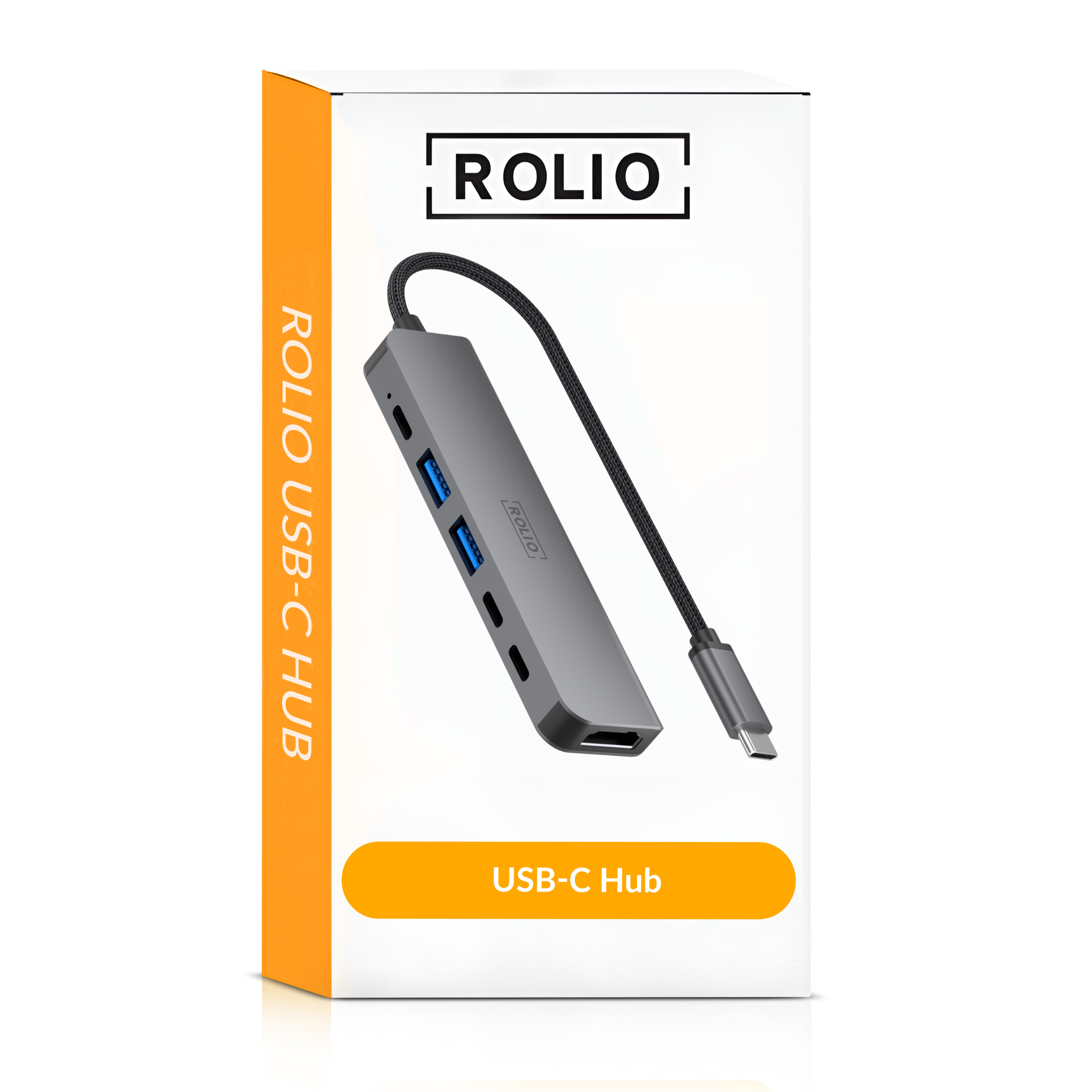 A white box with a USB-C hub. The box is orange on the left side with the brand name. The hub is gray.