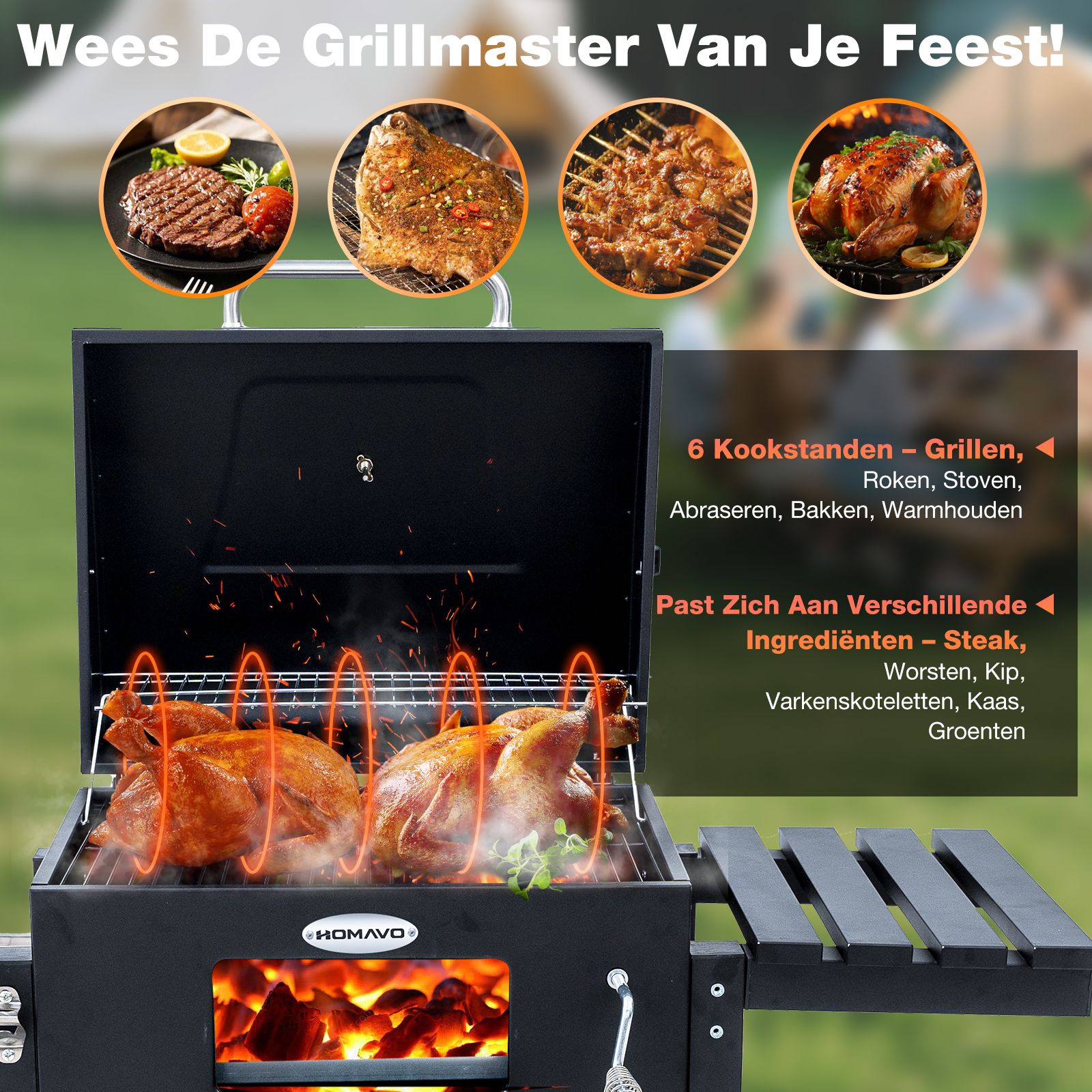 Un barbecue avec poulet et steaks cuits. Le texte promeut la cuisson de différents aliments.