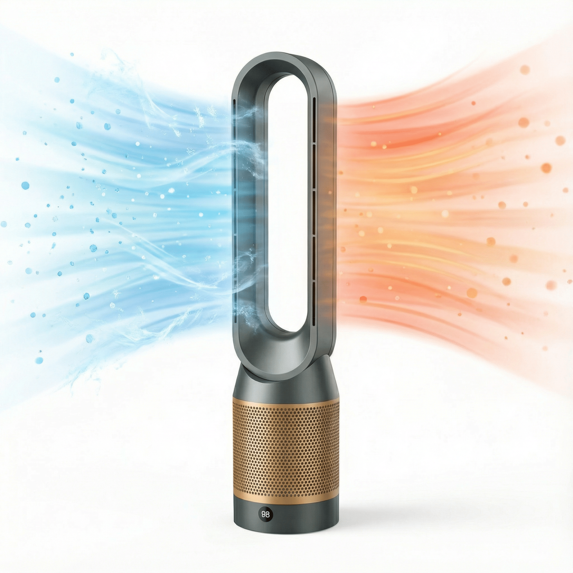 Ein grau-goldener Dyson-Ventilator. Blaue und orangefarbene Luftströme gehen davon aus. Weißer Hintergrund. Ein Display zeigt '98'.