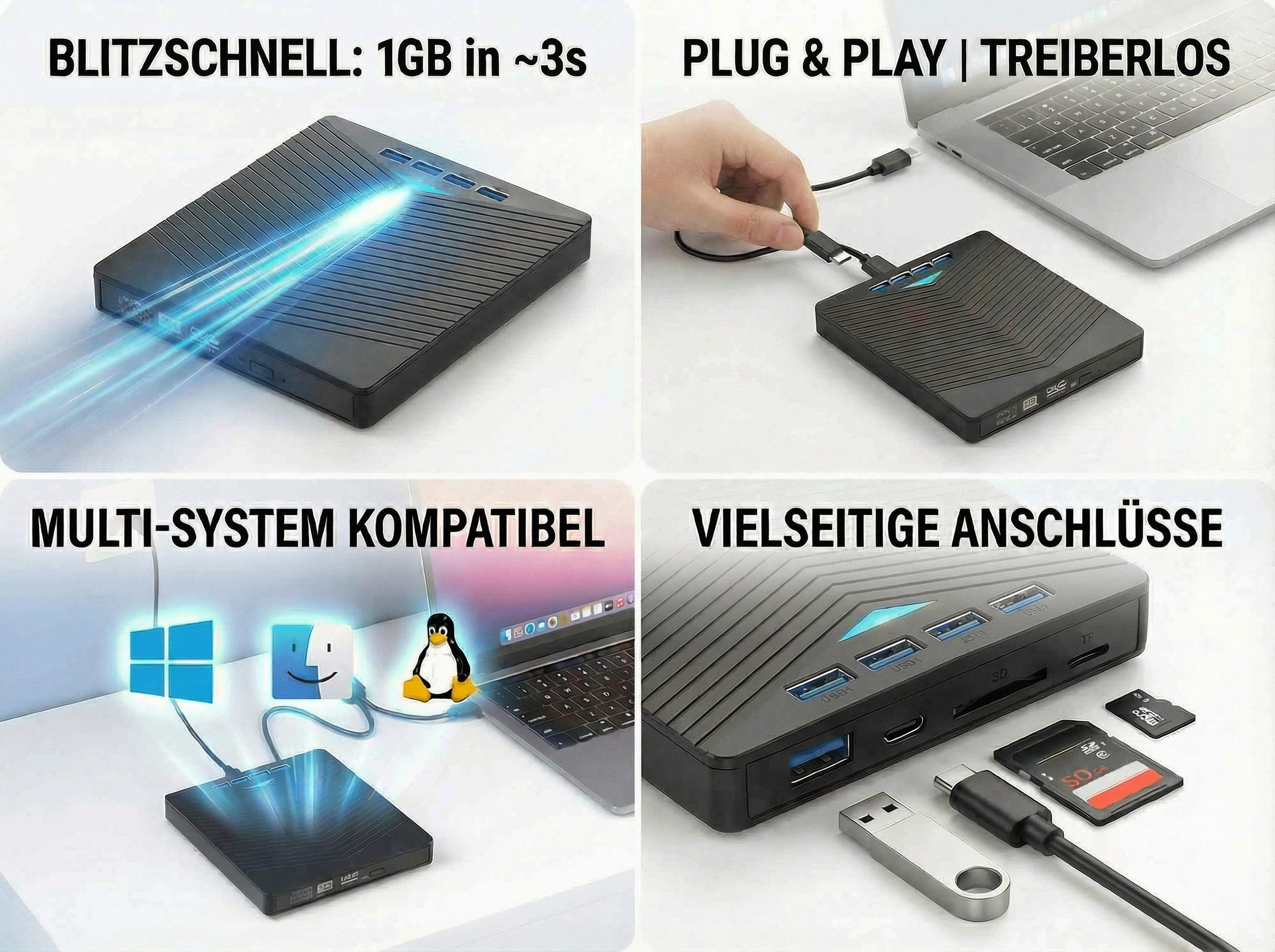 Ein schwarzes Gerät mit mehreren Anschlüssen ist mit einem Laptop verbunden. Verschiedene Symbole und Zubehör werden angezeigt.