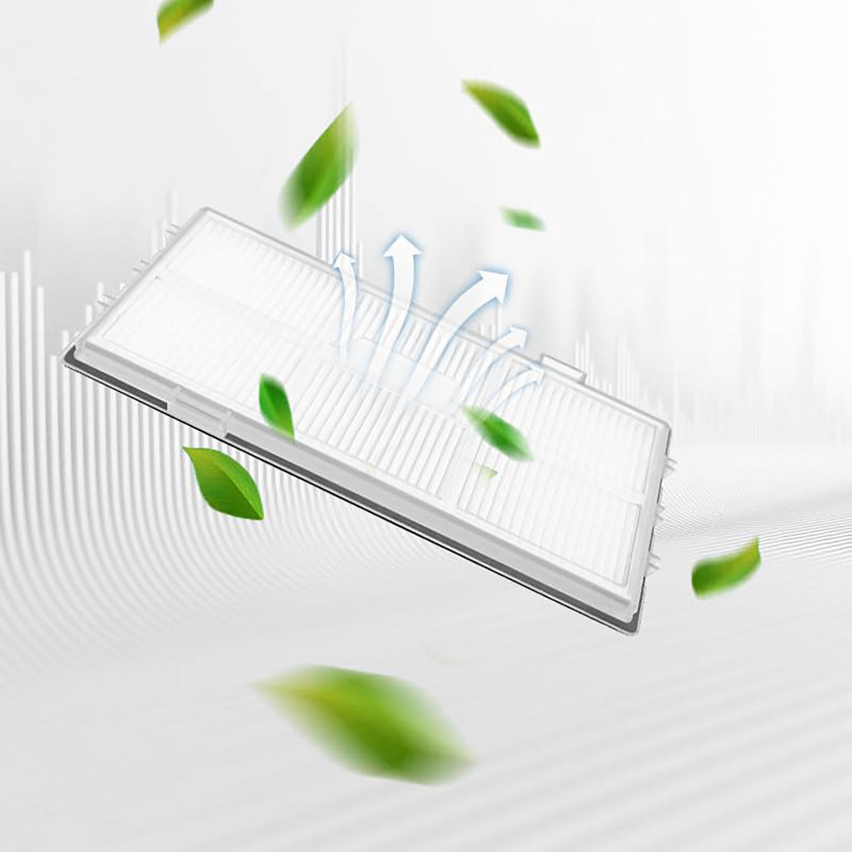 Biały filtr powietrza ze strzałkami, zielone liście unoszące się na białym tle. Reprezentuje czyste powietrze i świeżość.