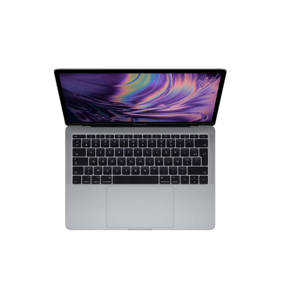 Srebrny MacBook Pro, otwarty, aby odsłonić klawiaturę i ekran wyświetlający kolorowy, abstrakcyjny obraz. Laptop znajduje się na białej powierzchni.