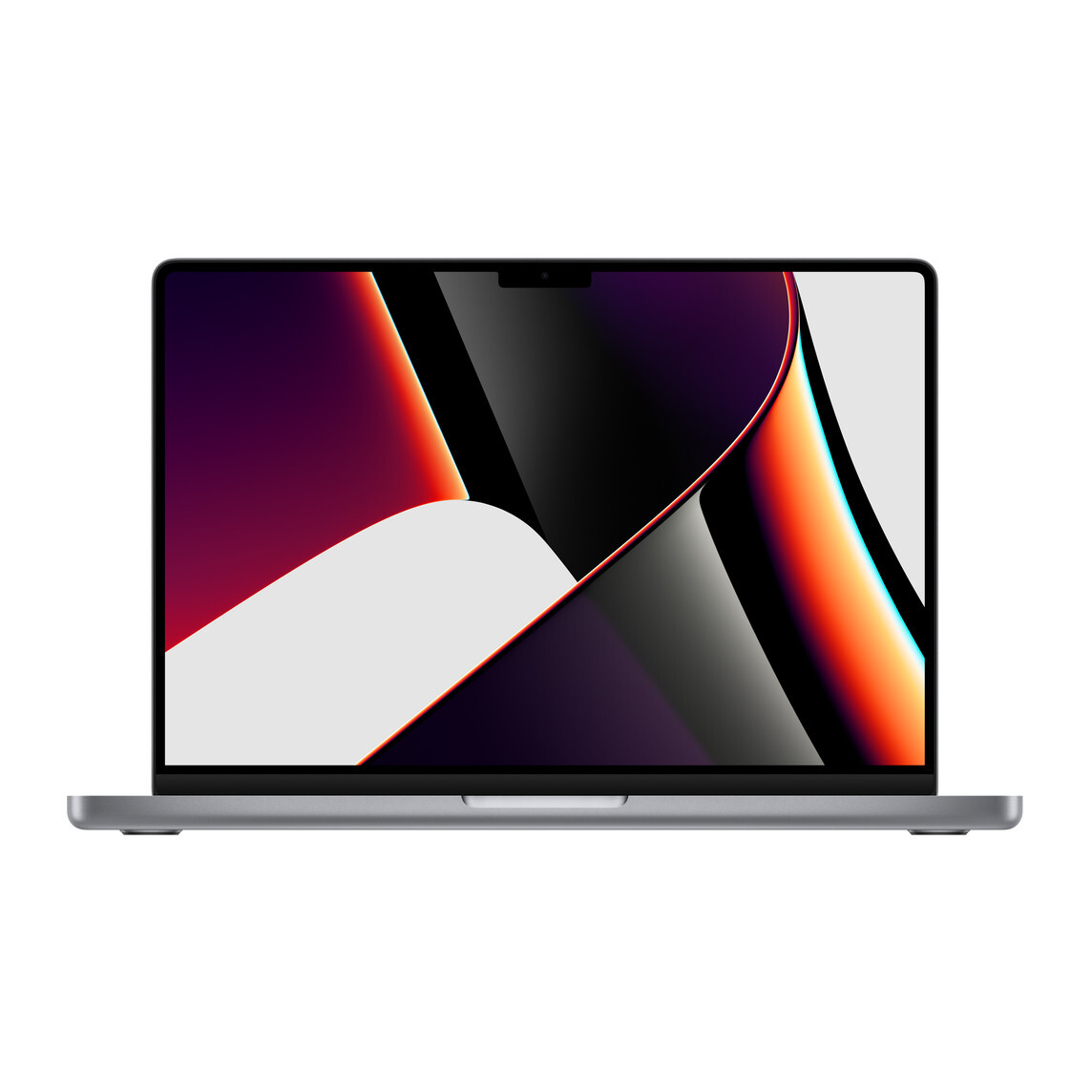 Se muestra una computadora portátil gris, abierta con un fondo abstracto colorido. El fondo tiene formas curvas rojas, naranjas, negras y blancas.