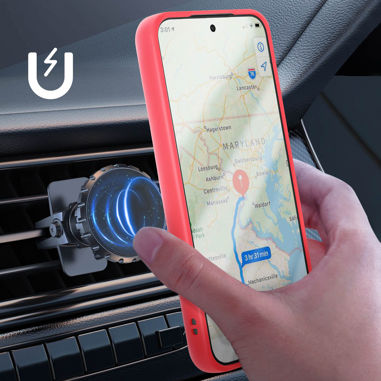 Een telefoon met een kaart wordt in de buurt van een ventilatieopening van een auto gehouden, naast een magnetische telefoonhouder.