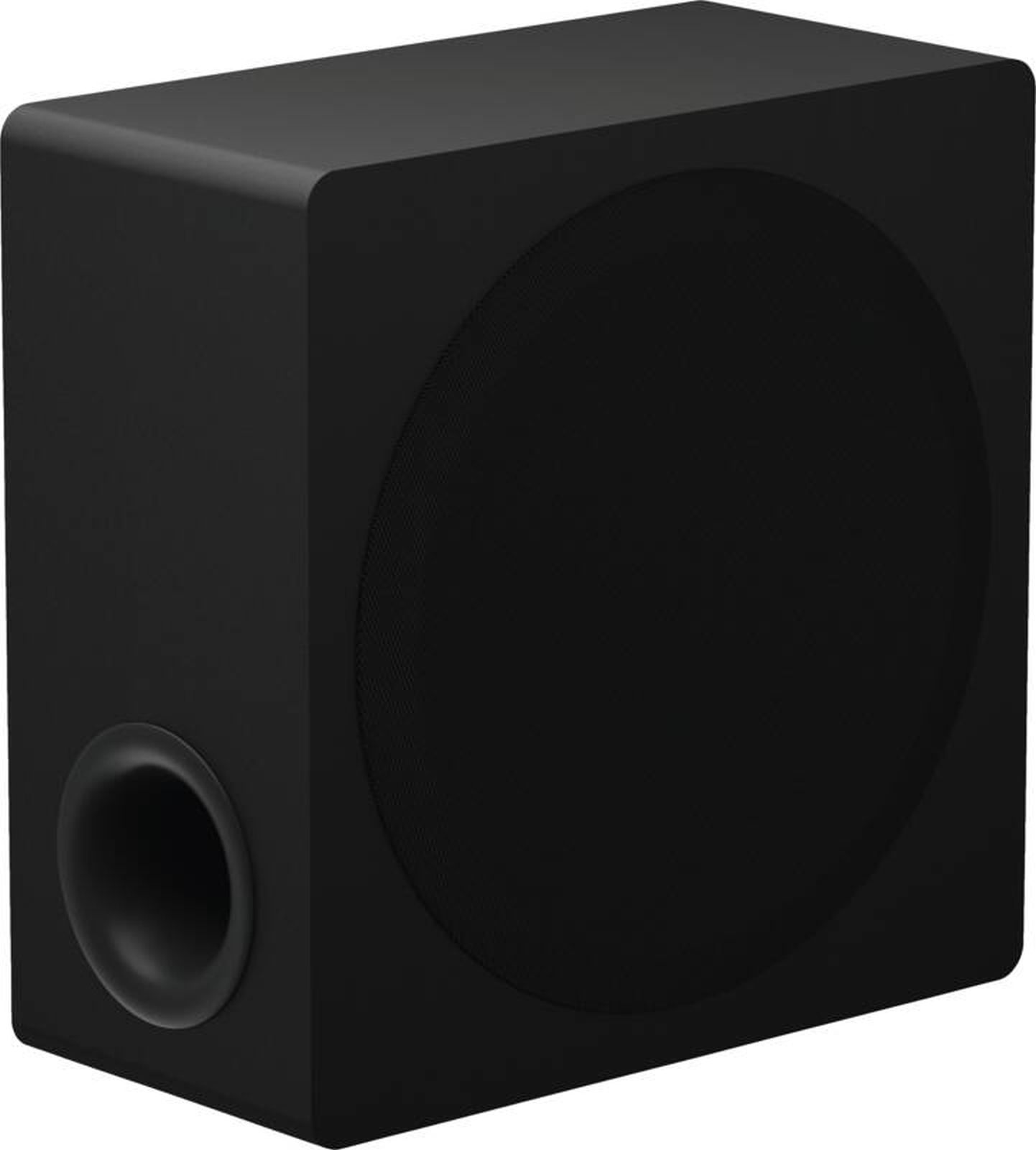 Ein schwarzer Subwoofer. Er hat eine rechteckige Kastenform mit einem großen kreisförmigen Lautsprecher und einem Port an der Seite.