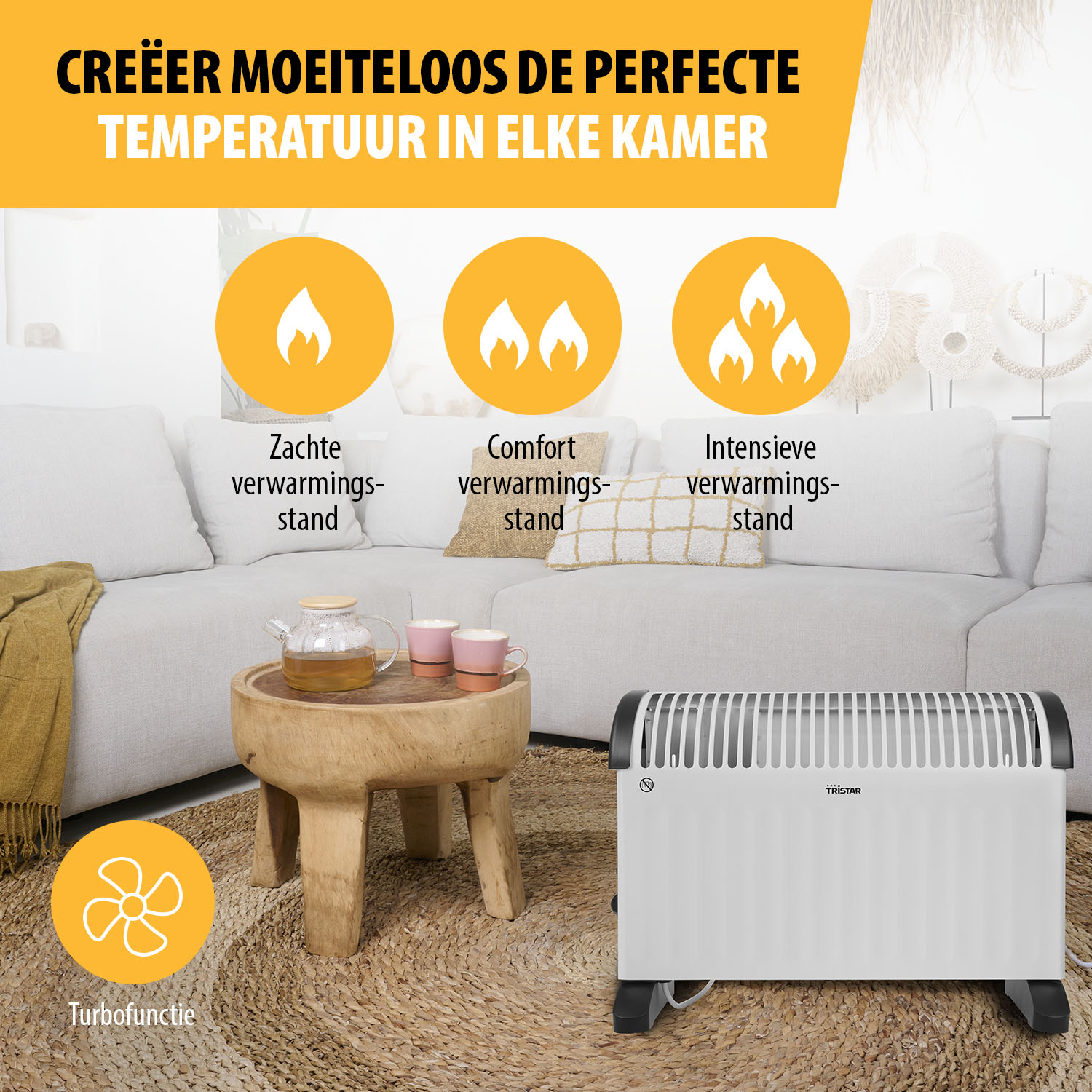 Kamer met verwarming, bank en houten tafel met thee en bekers. Tekst luidt 'creëer de perfecte temperatuur'.