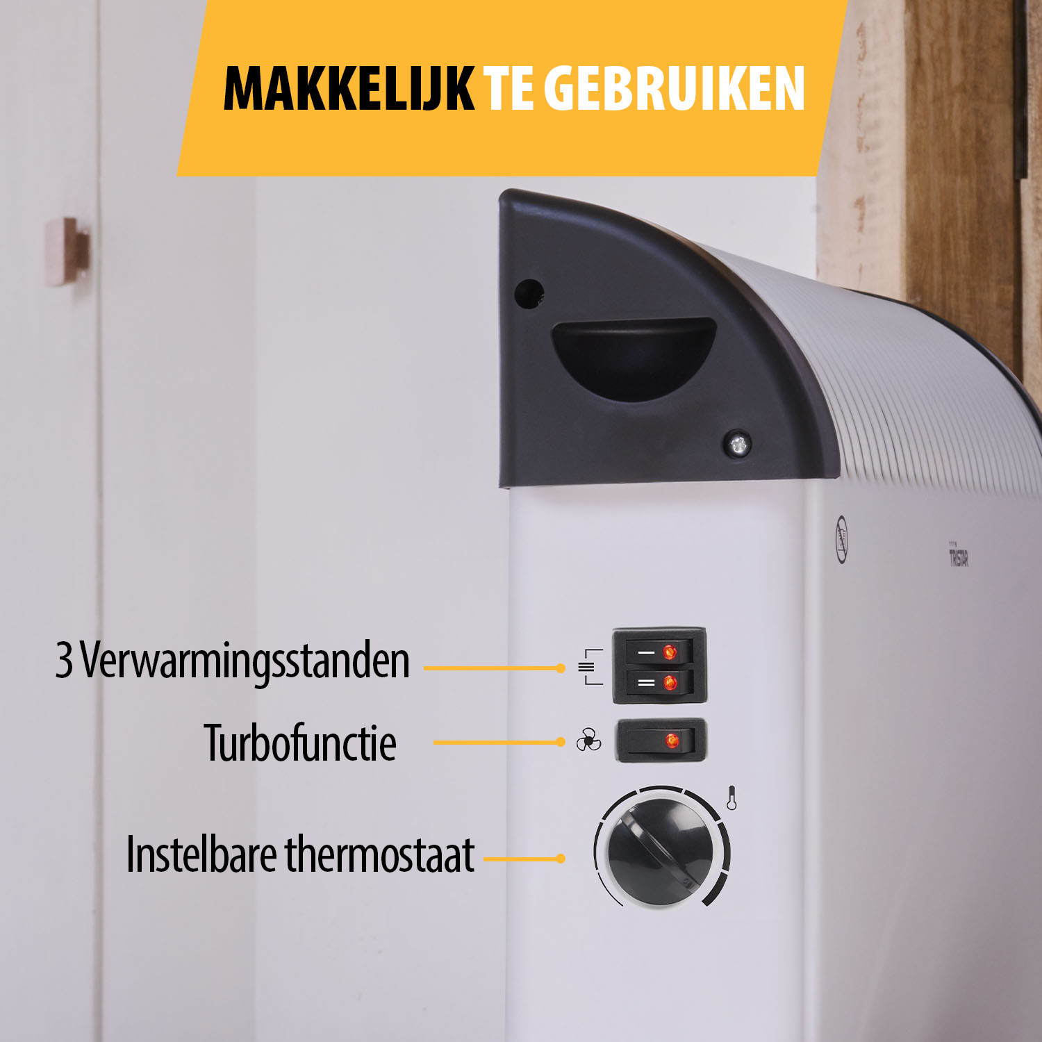 Een wit en zwart kacheltje met knoppen en een draaiknop. Nederlandse tekst geeft instellingen aan, waaronder thermostaat en turbo.