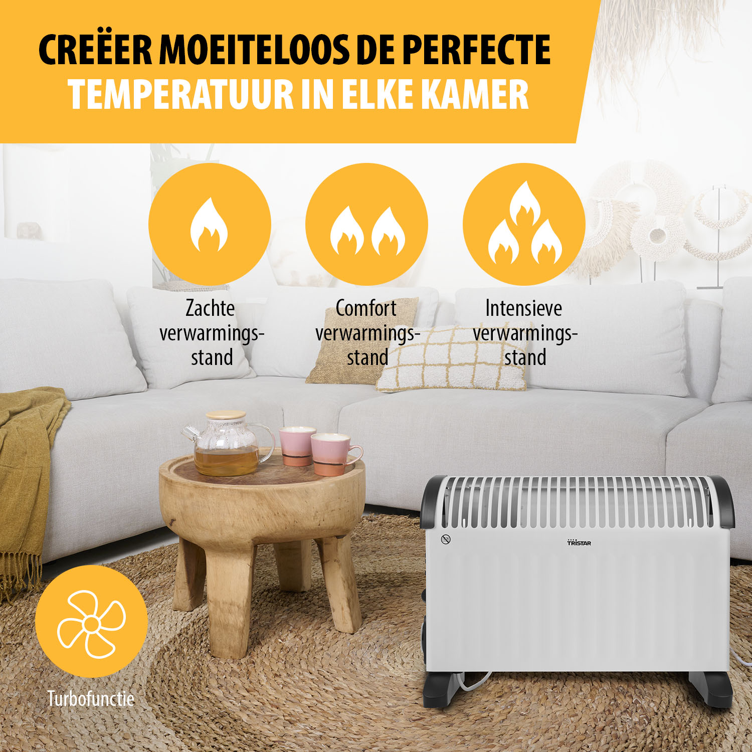 Grzejnik stoi przed sofą. Są trzy ikony płomieni. Stół ma herbatę i kubki. Ikona wentylatora jest po lewej stronie.