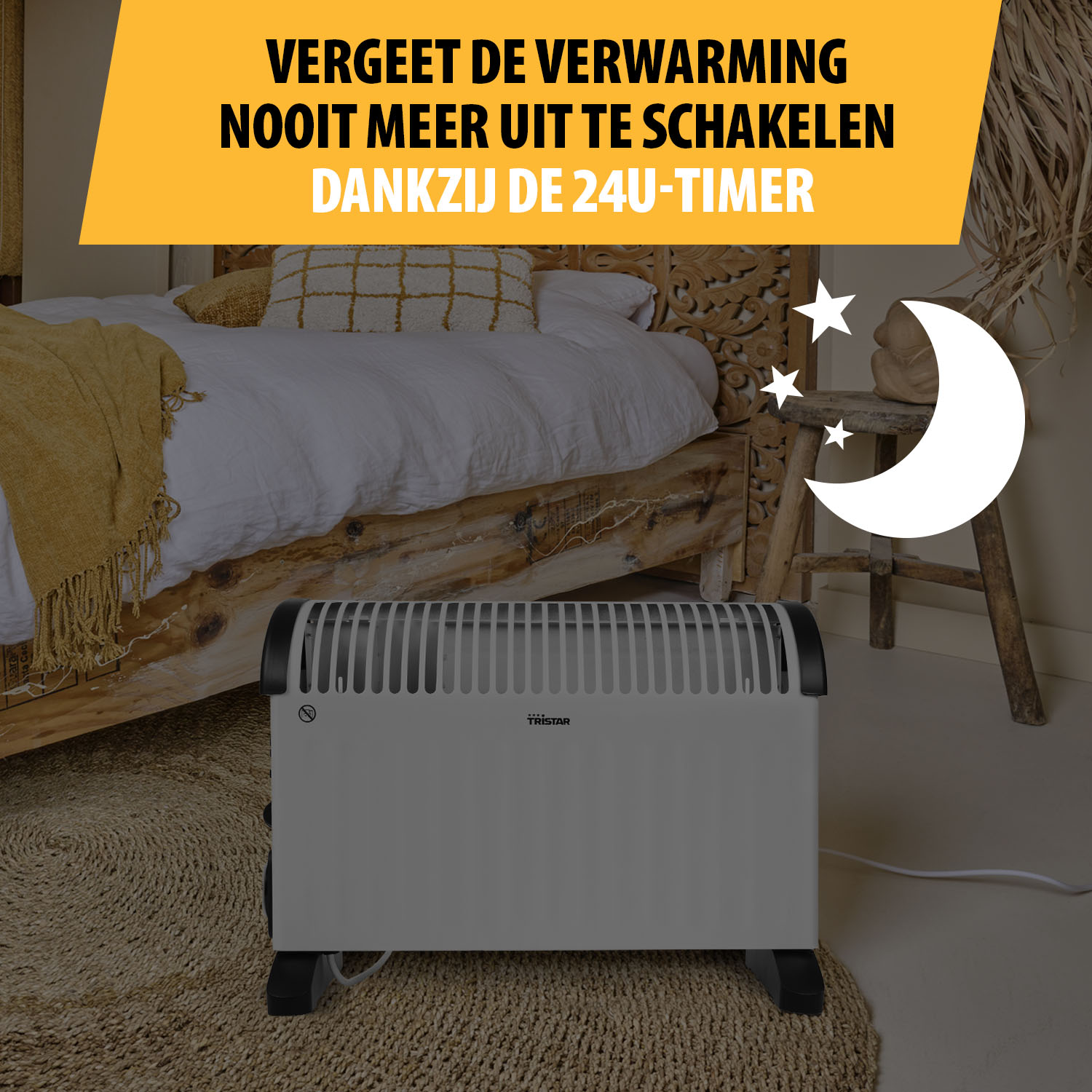 Grzejnik w sypialni. Tekst mówi: 'Nigdy nie zapomnij wyłączyć ogrzewania'. Księżyc, gwiazdy, łóżko z kocem i poduszką.