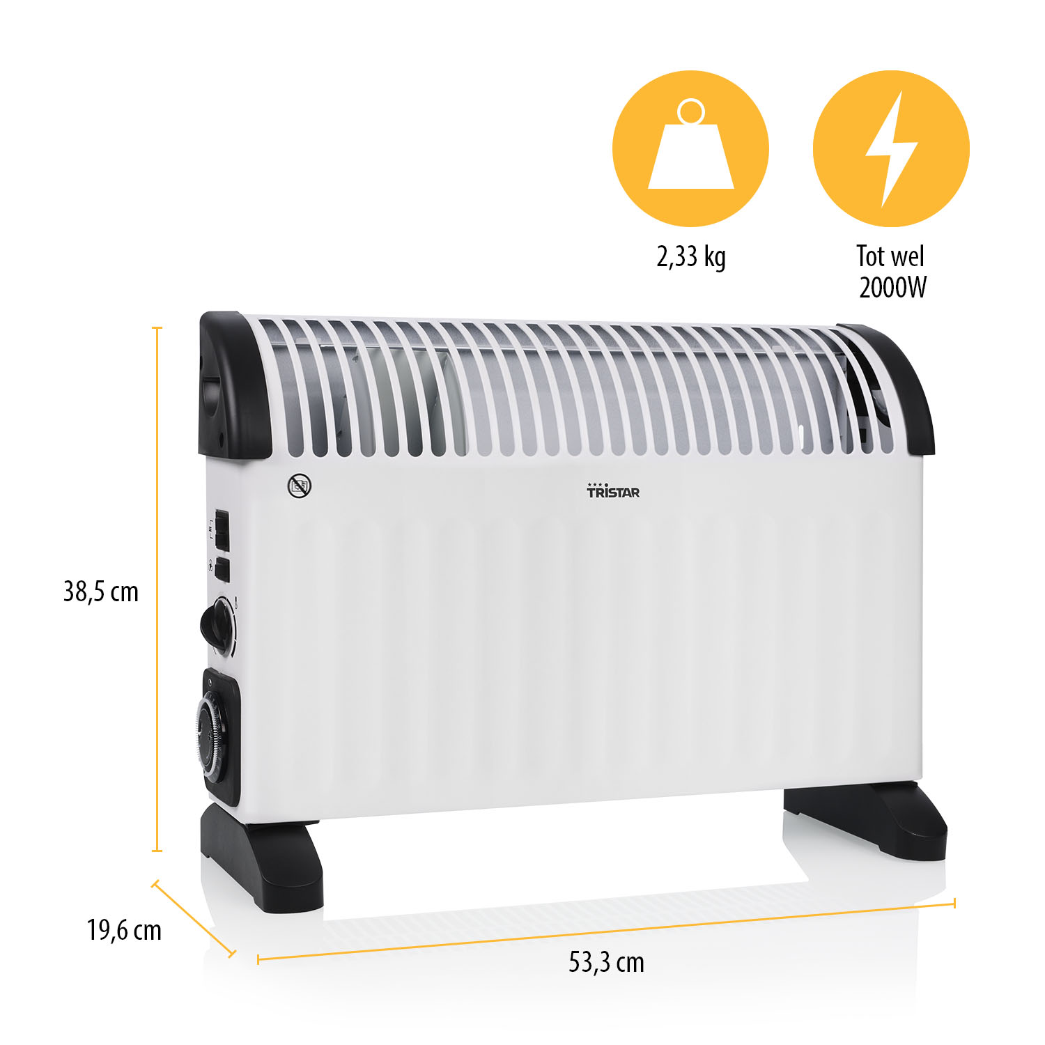 Biały grzejnik olejowy Tristar z czarnymi akcentami. Wyświetla wymiary i wagę. Dwa żółte koła pokazują wagę i moc.