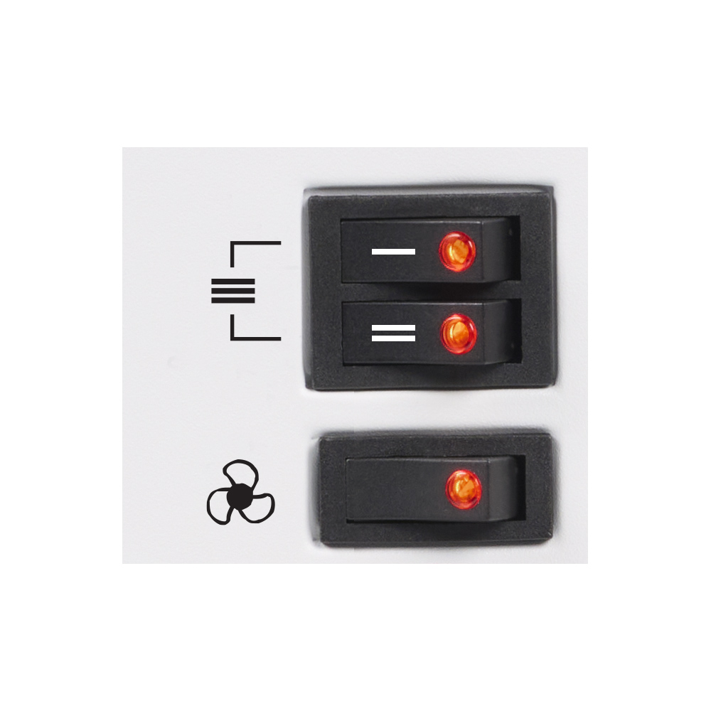 Zbliżenie białej powierzchni z trzema czarnymi przełącznikami. Dwa przełączniki są włączone, pokazując pomarańczowe światła.