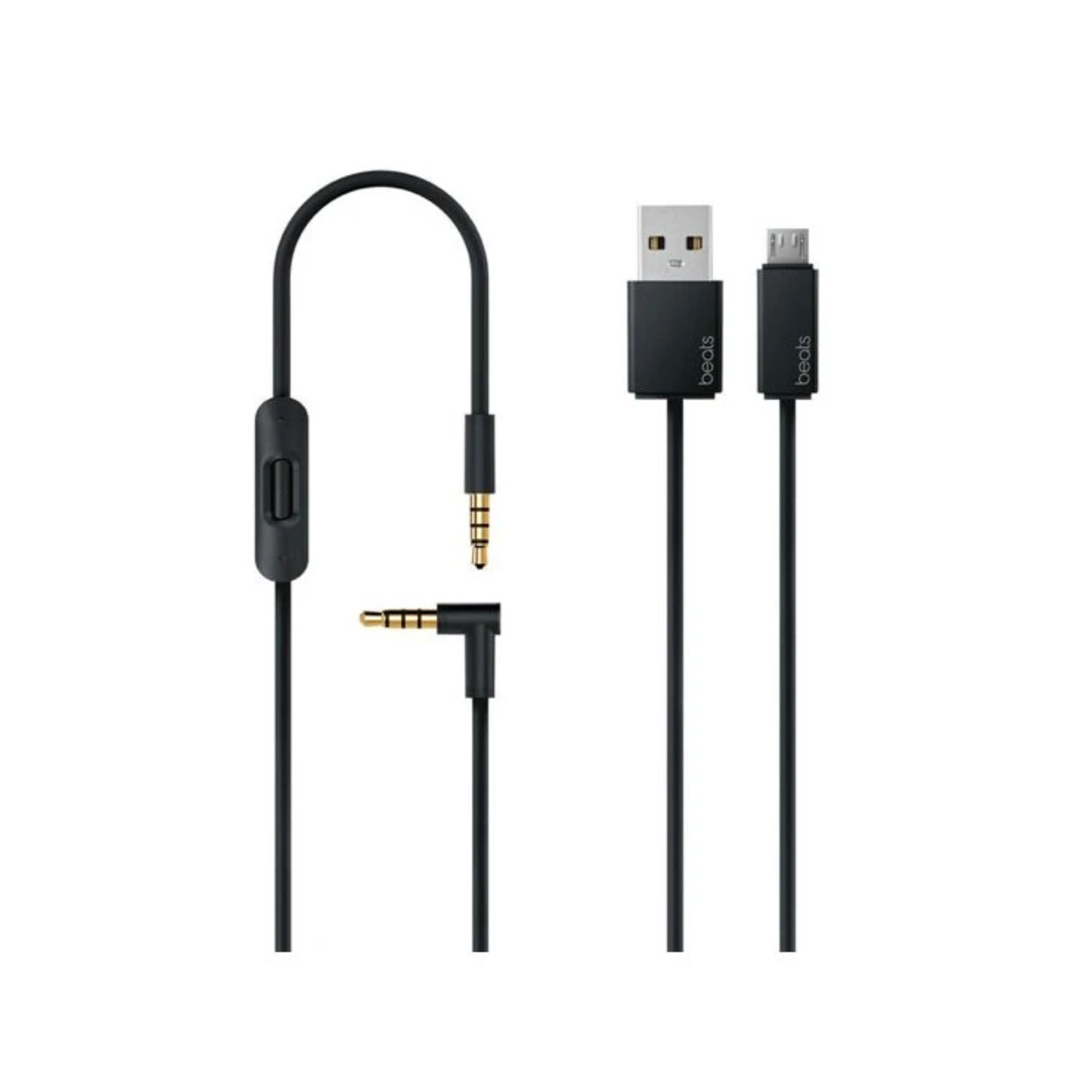 Trzy czarne kable z wtyczkami. Jeden ma gniazdo 3,5 mm, drugi USB, a ostatni micro-USB.