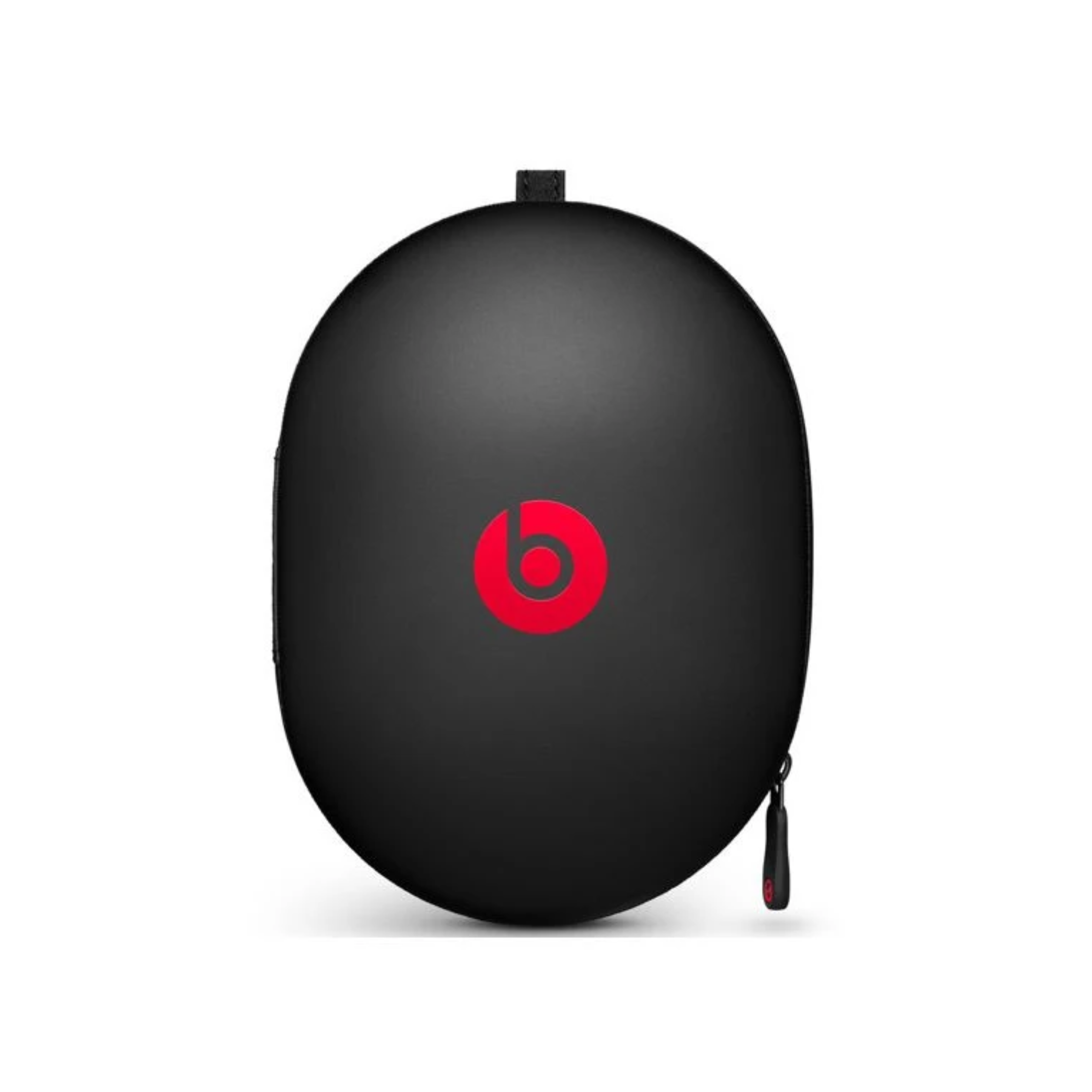 Czarny futerał na słuchawki Beats z czerwonym logo i zamkiem błyskawicznym.