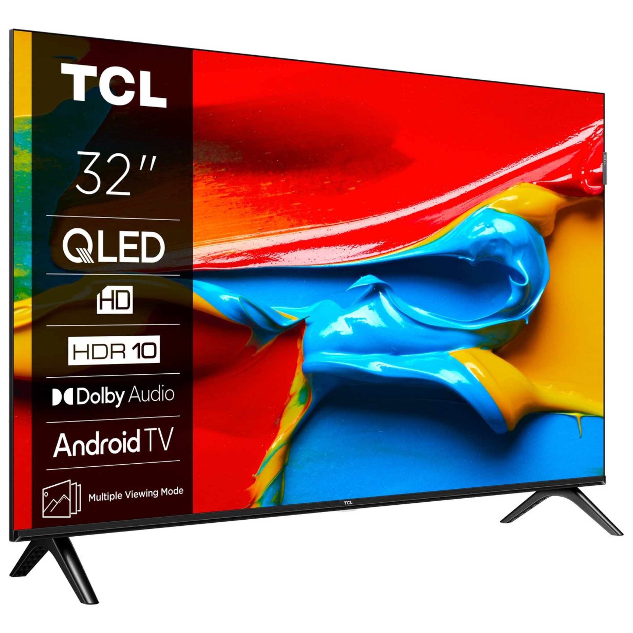 Telewizor TCL QLED 32 cale. Posiada HDR 10, Dolby Audio i Android TV. Ekran wyświetla kolorową sztukę abstrakcyjną.