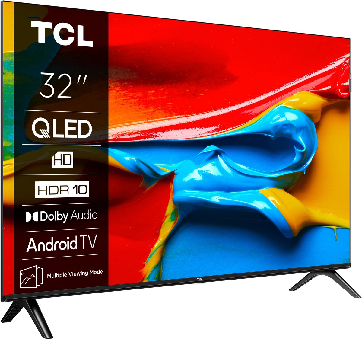TCL 32" QLED Android TV. Wyświetlacz ma HD, HDR 10 i Dolby Audio. Ekran ma kolorowy, abstrakcyjny design z czerwonym, żółtym i niebieskim.